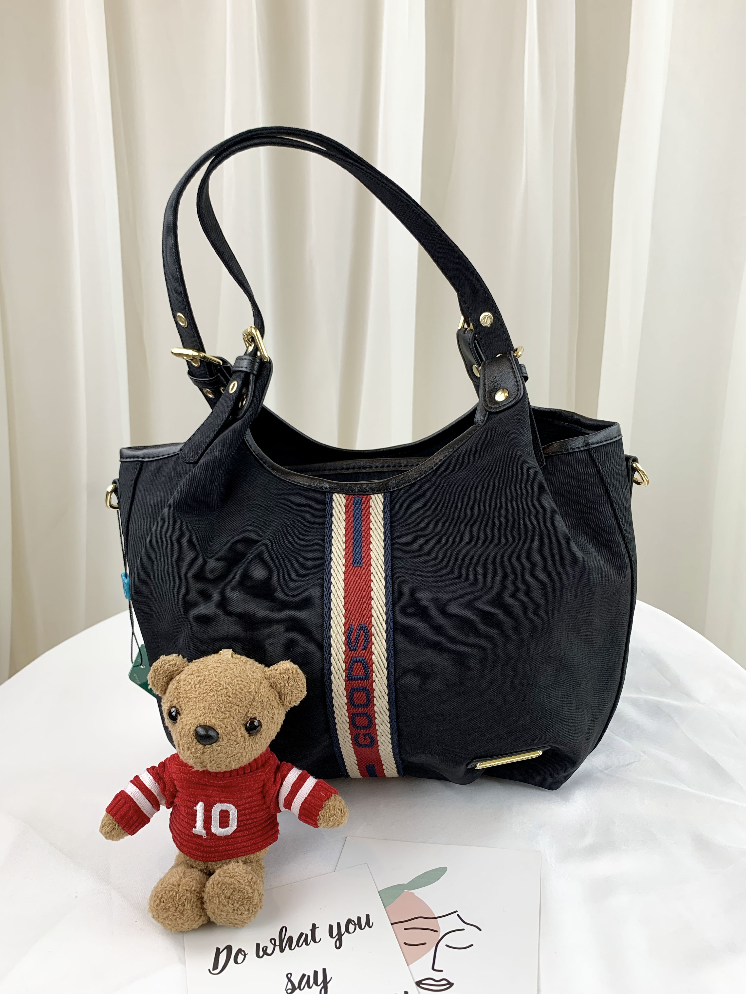 GOODS 織帶黑 水洗防潑水手提包 / 側背包 附小熊吊飾  #2520