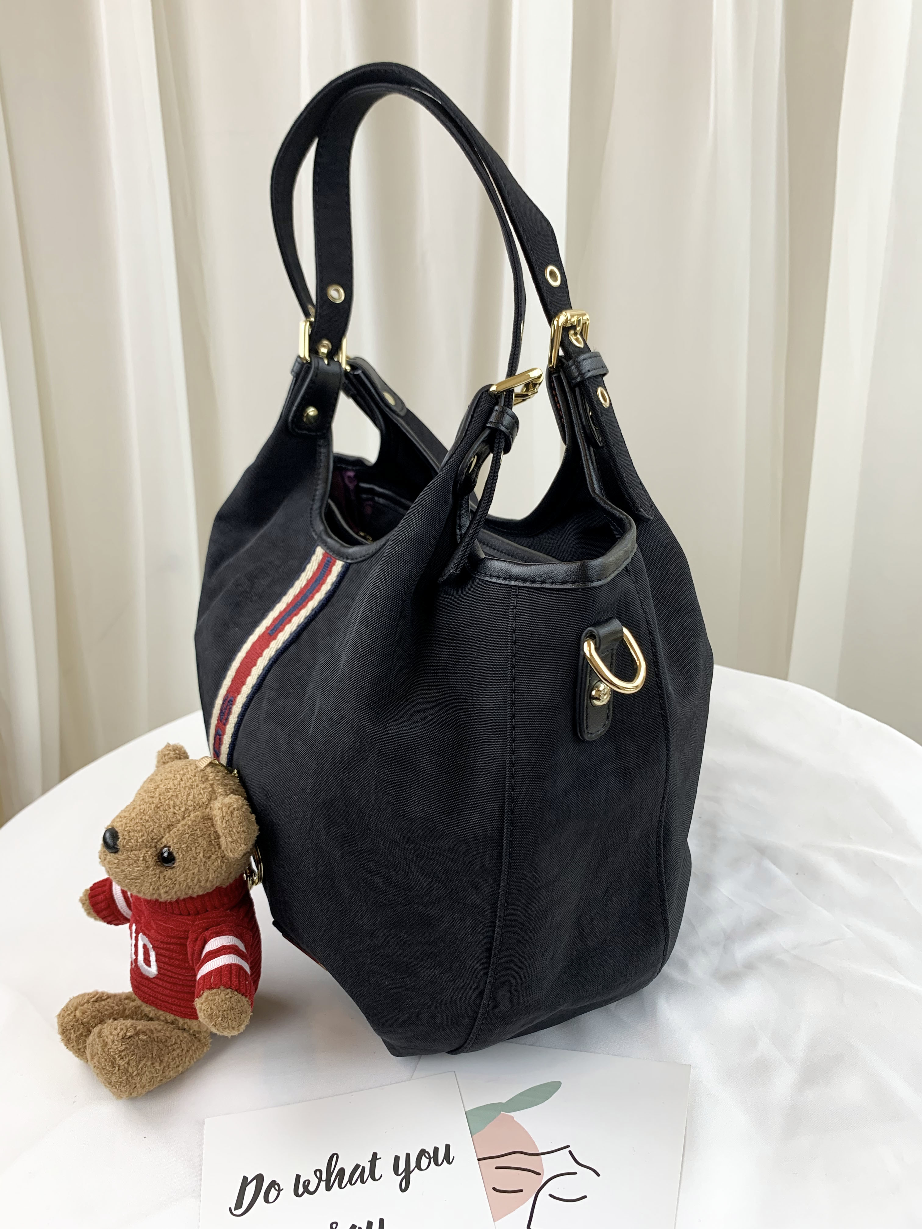 GOODS 織帶黑 水洗防潑水手提包 / 側背包 附小熊吊飾  #2520