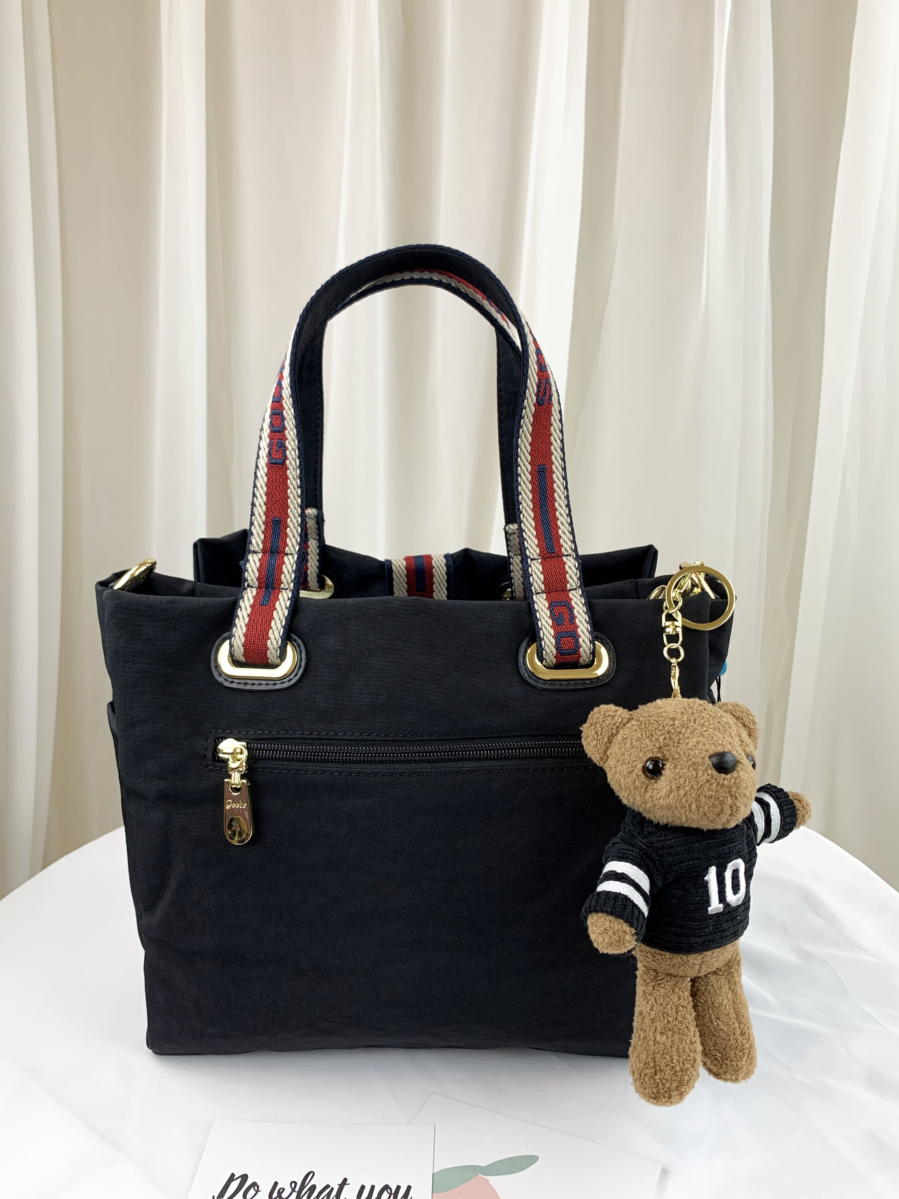 GOODS 織帶黑 水洗紋防潑水手提包 / 側背包 附小熊吊飾 #2650