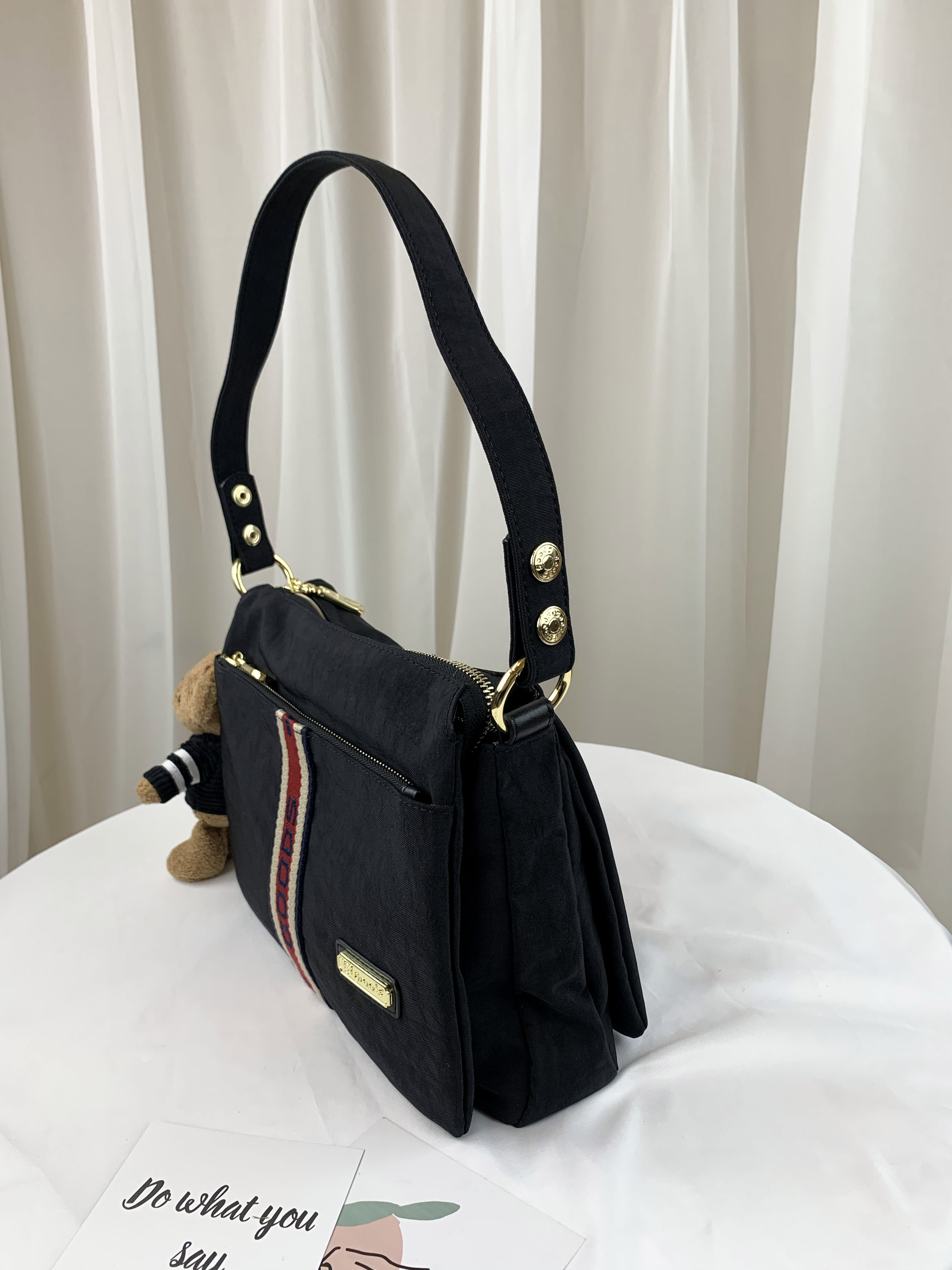 GOODS 織帶黑 多層收納側背包 附吊飾 #29259