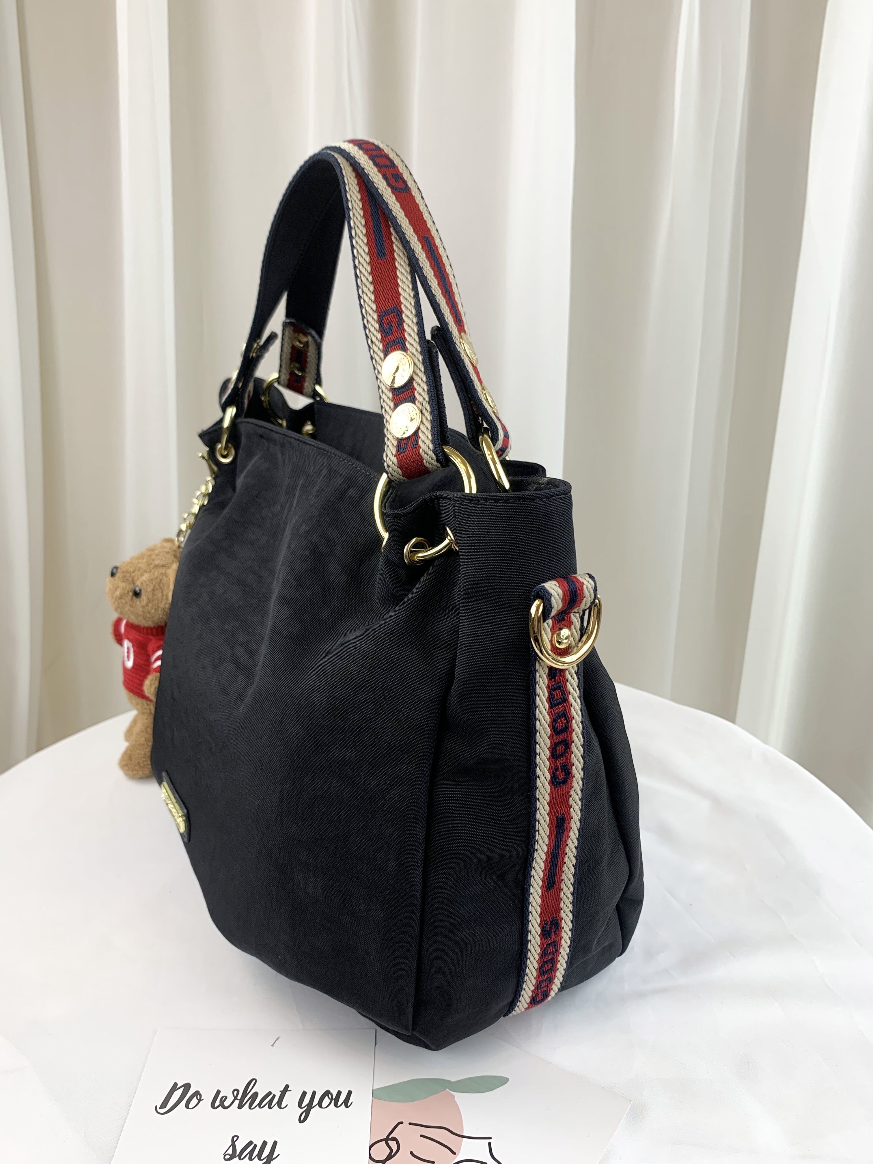 GOODS 織帶黑 水洗防潑水手提包 / 側背包 附小熊吊飾  #2281
