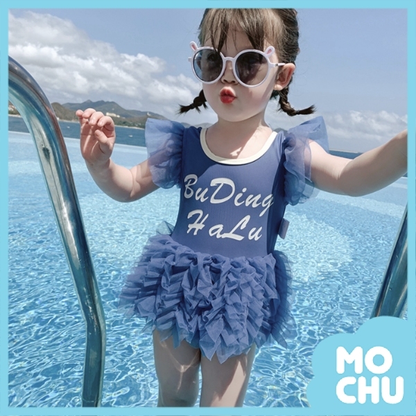 藍色公主袖澎裙連身泳裝