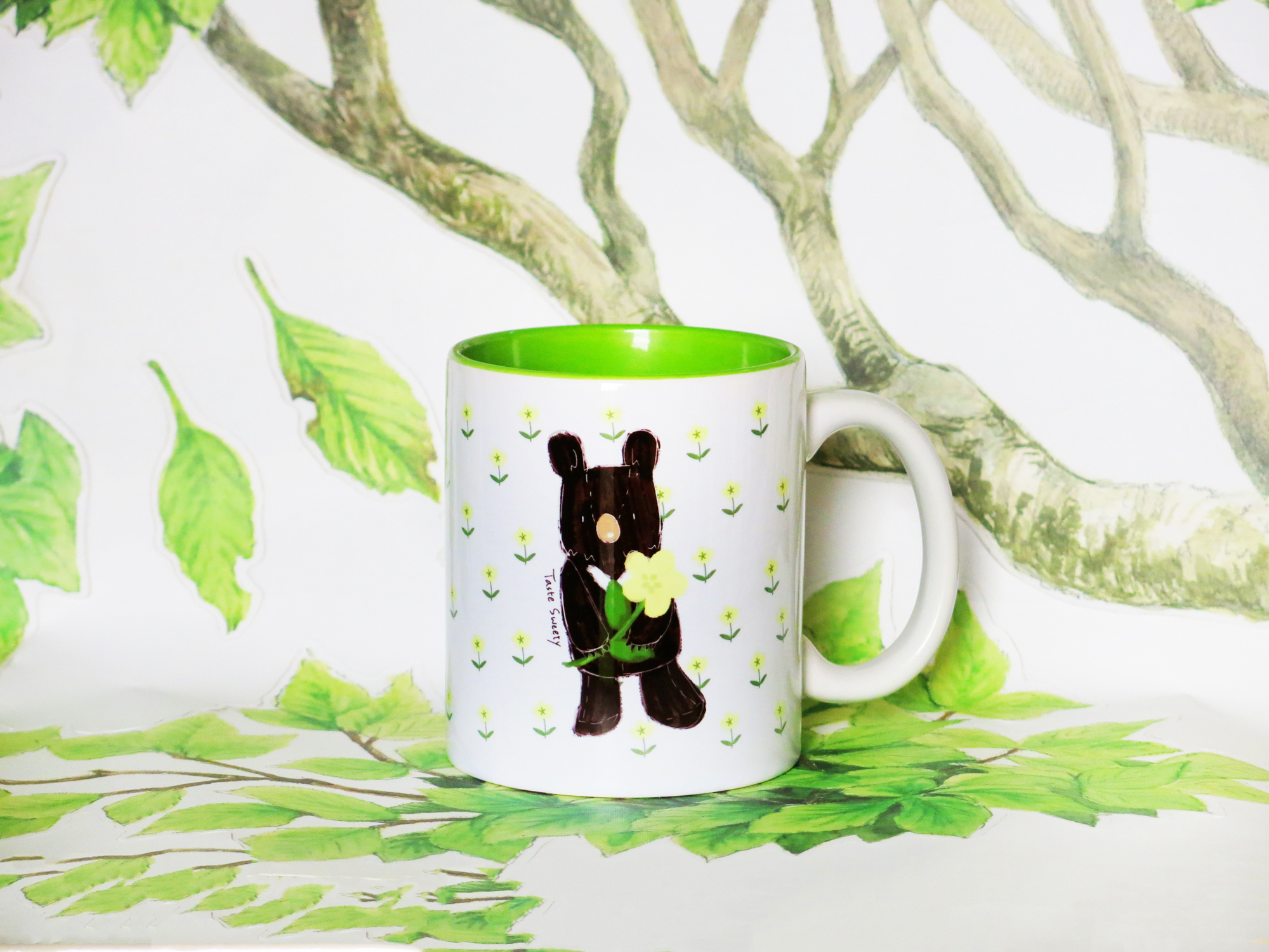 小花熊綠邊馬克杯