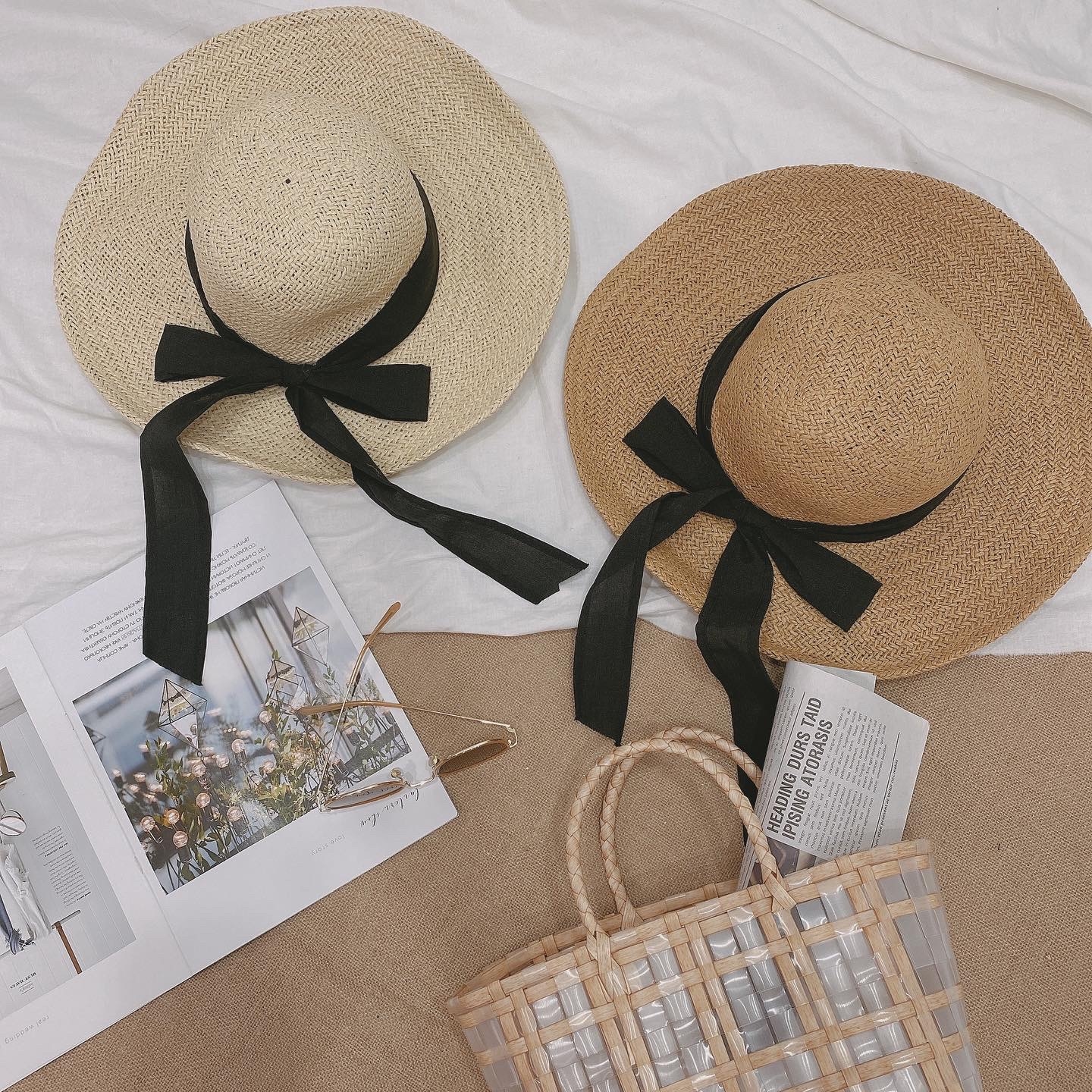 素色緞帶大草帽/可調整弧度/五色