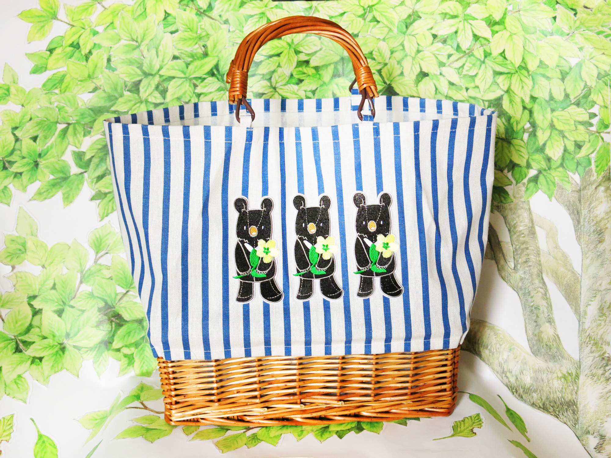 夏日小熊帆布藤編包
