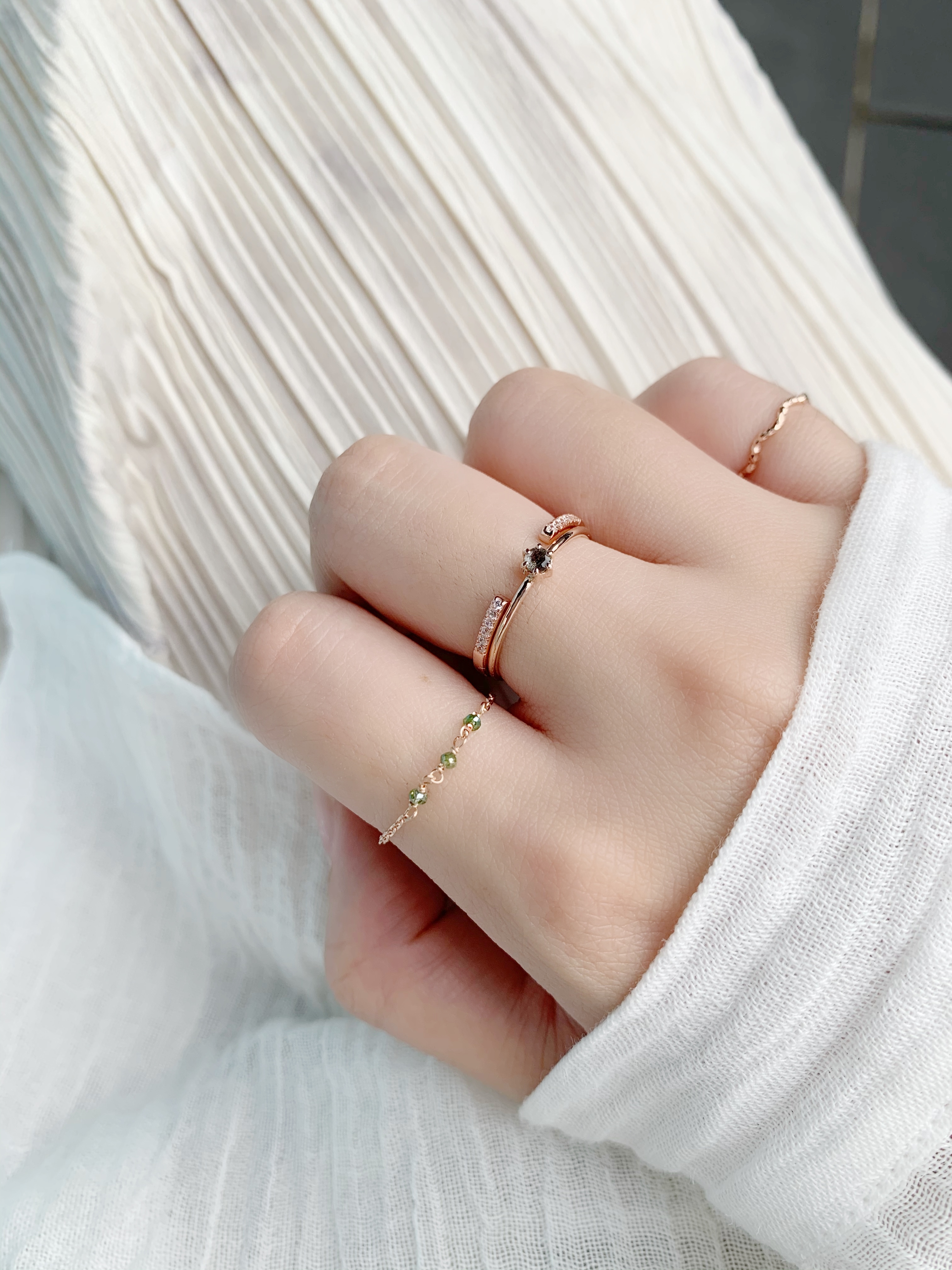 14K三顆綠鑽原礦簡約鍊戒