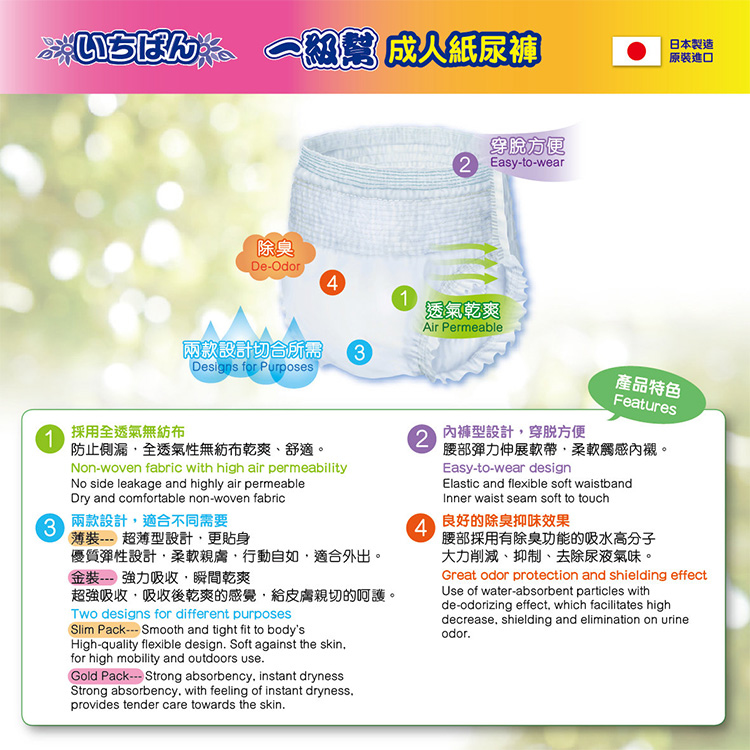 Ichiban 日本一級幫 - 薄裝成人紙尿褲 (中) | (原箱4包 x 16片)