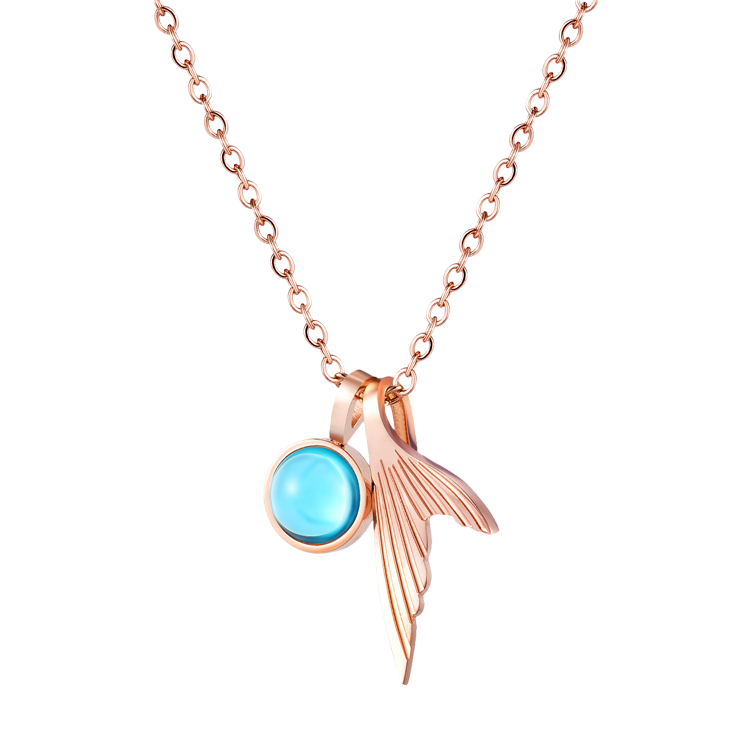白鋼項鍊，女士項鍊 玫瑰金魚尾造型；鑲嵌清新淡藍玻璃珠（0909）