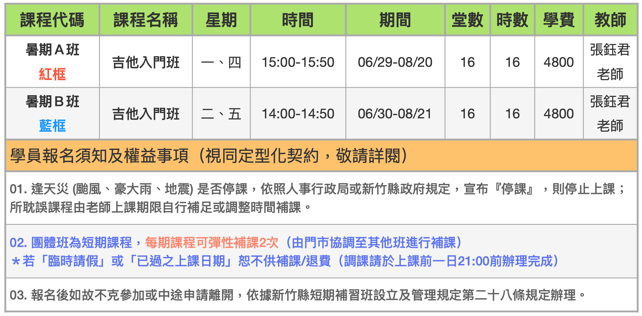 吉他團體班上課須知