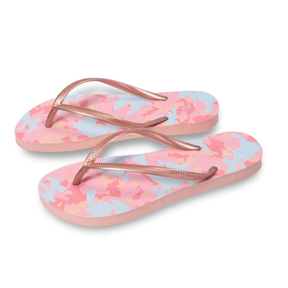 迷彩系列 粉藍迷彩 女款細帶人字夾腳拖鞋 粉金色