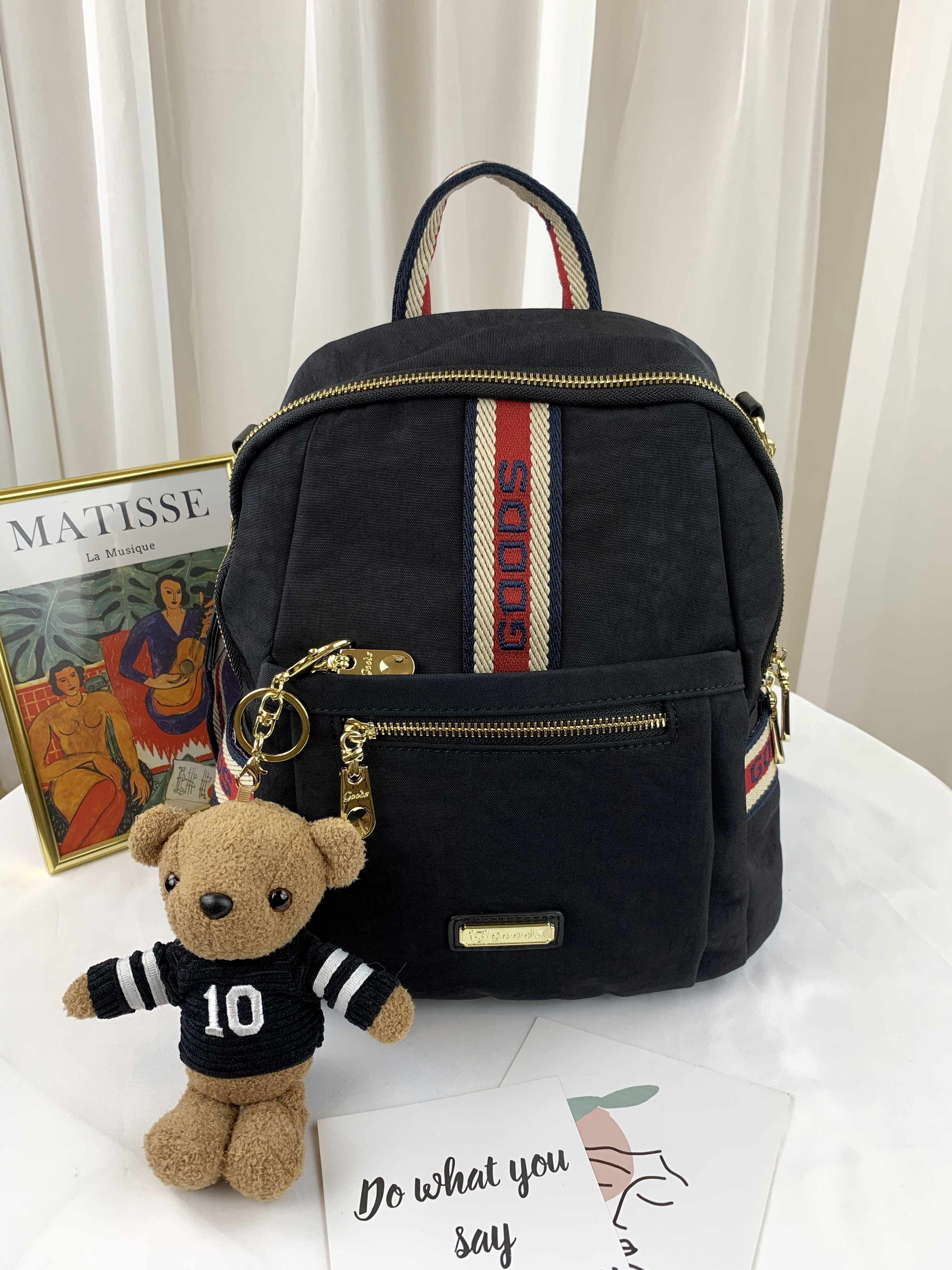 GOODS 織帶黑 水洗運動風後背包 / 側背包 附小熊吊飾 #2649