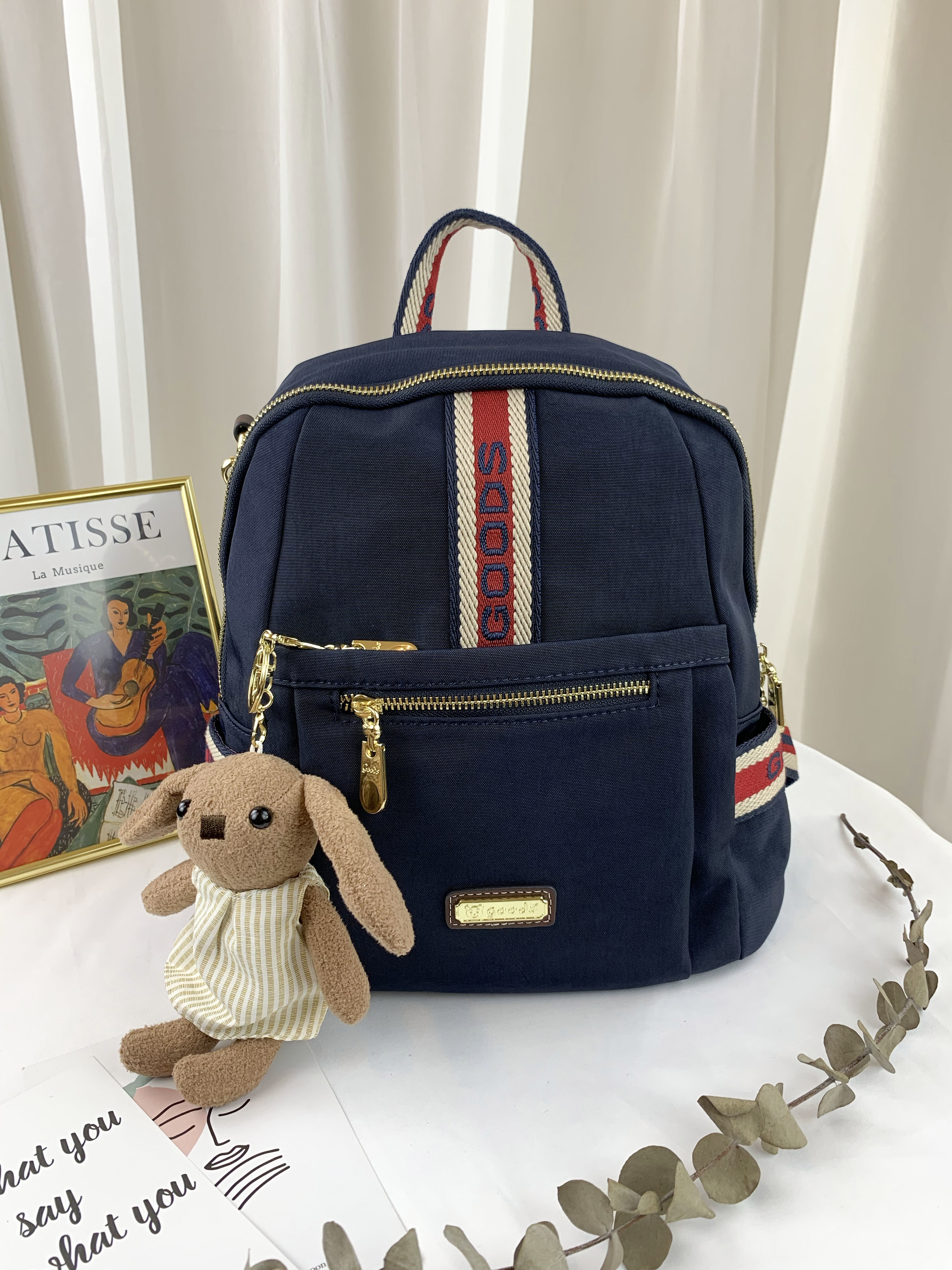 GOODS 織帶藍 丹寧運動風後背包 / 側背包 附小熊吊飾 #2649