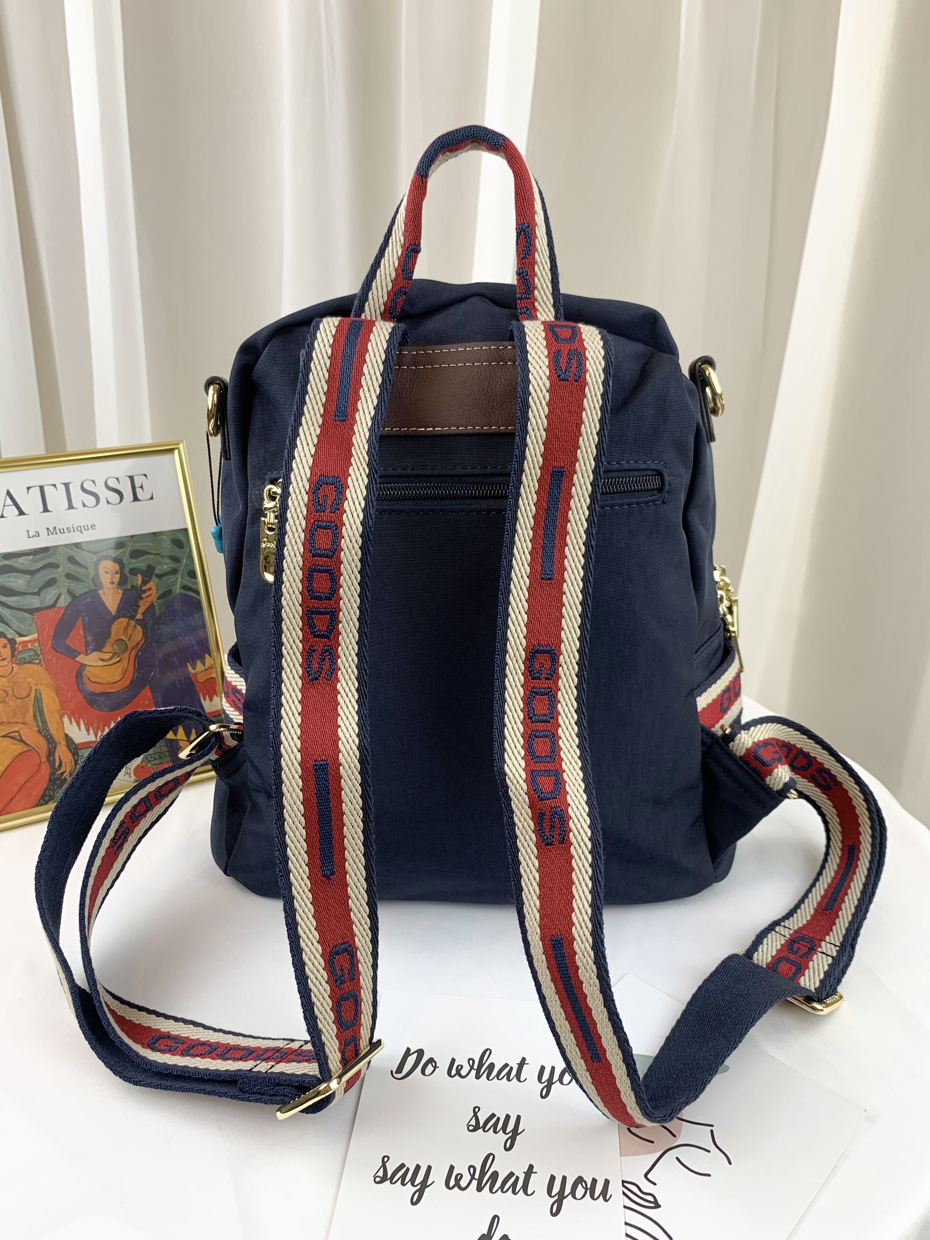 GOODS 織帶藍 丹寧運動風後背包 / 側背包 附小熊吊飾 #2649