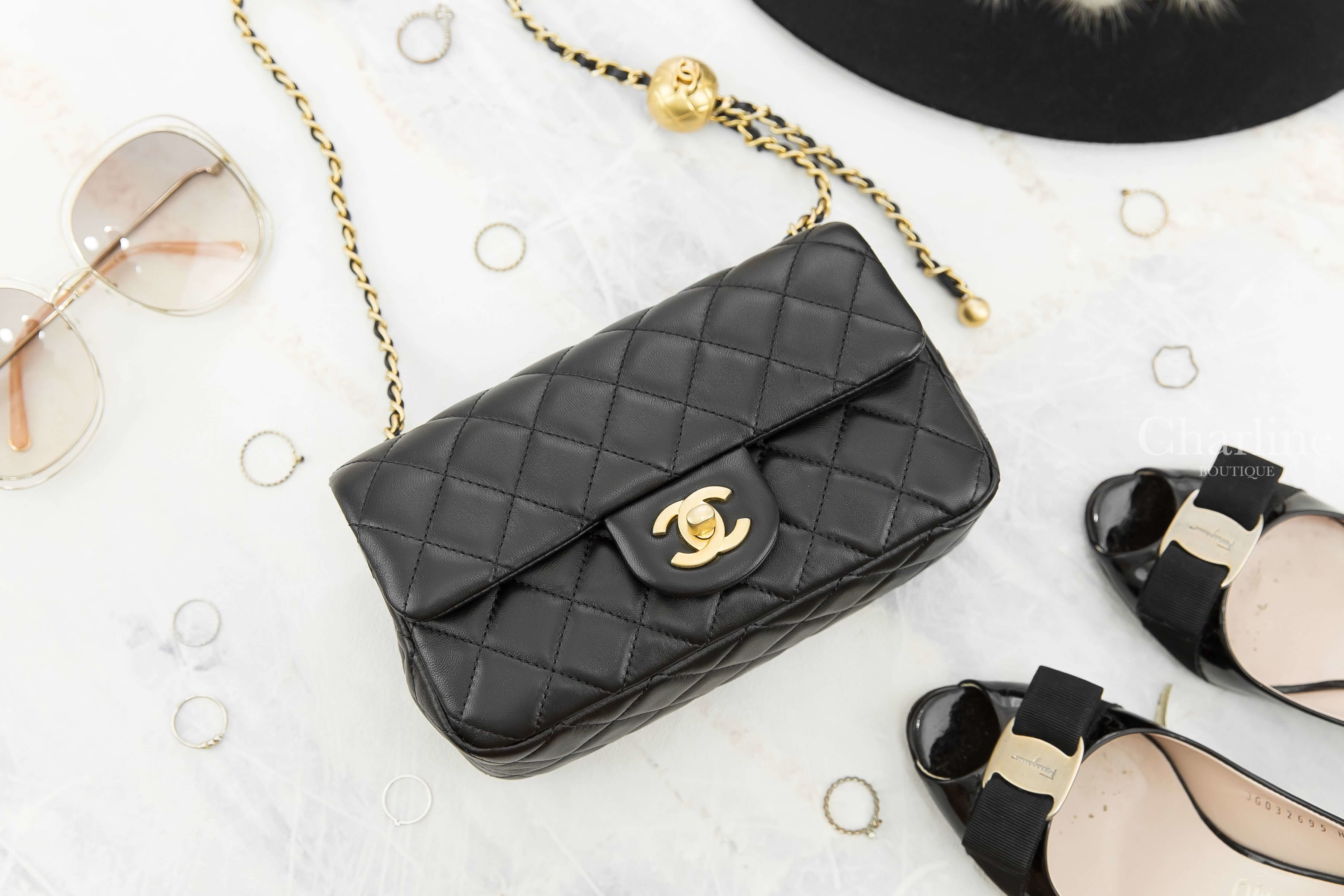 Chanel Flap Bag 黑色金CC金色小珠鍊帶20cm小羊皮菱格紋肩背包-Charline Boutique 精品代購