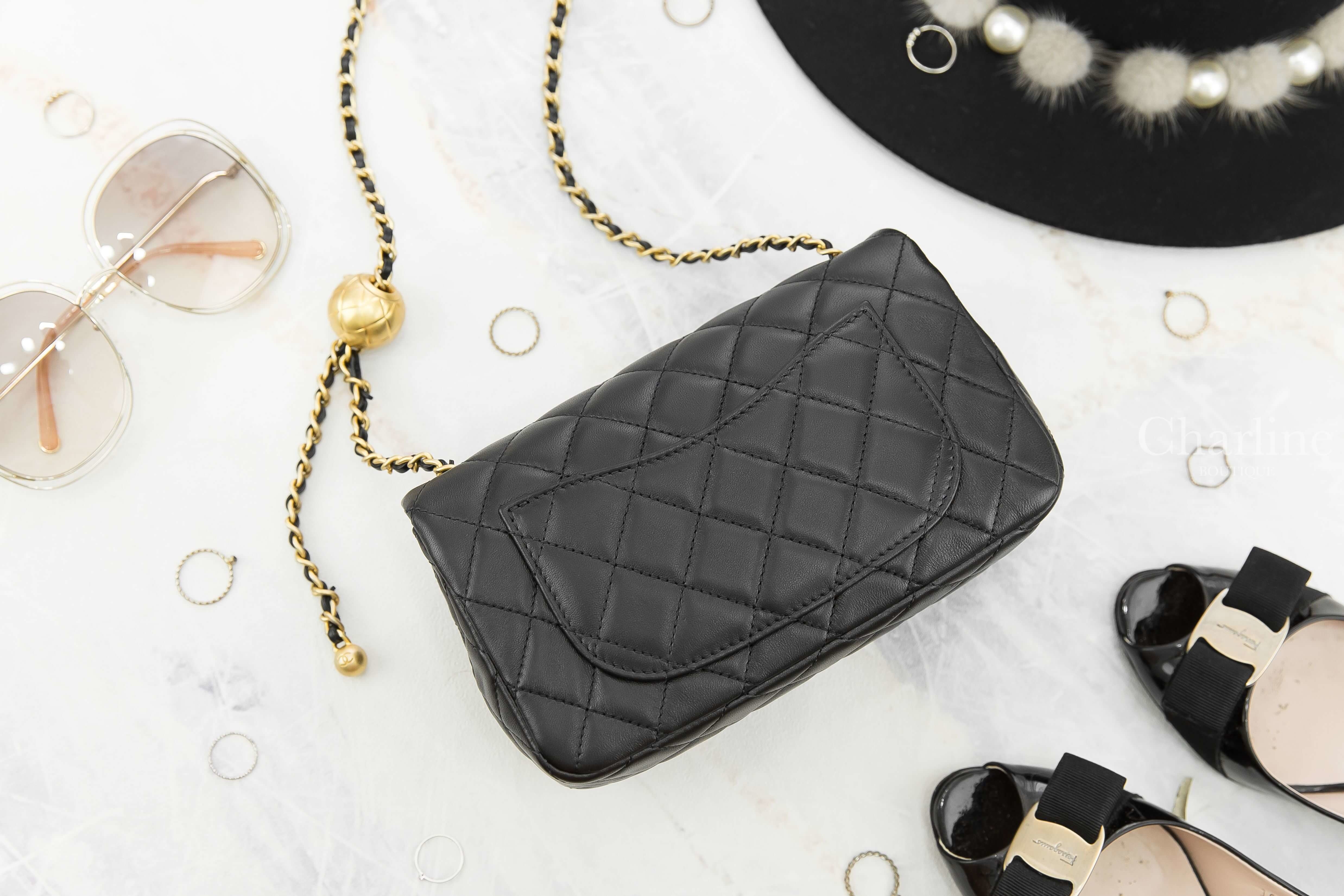Chanel Flap Bag 黑色金CC金色小珠鍊帶20cm小羊皮菱格紋肩背包-Charline Boutique 精品代購