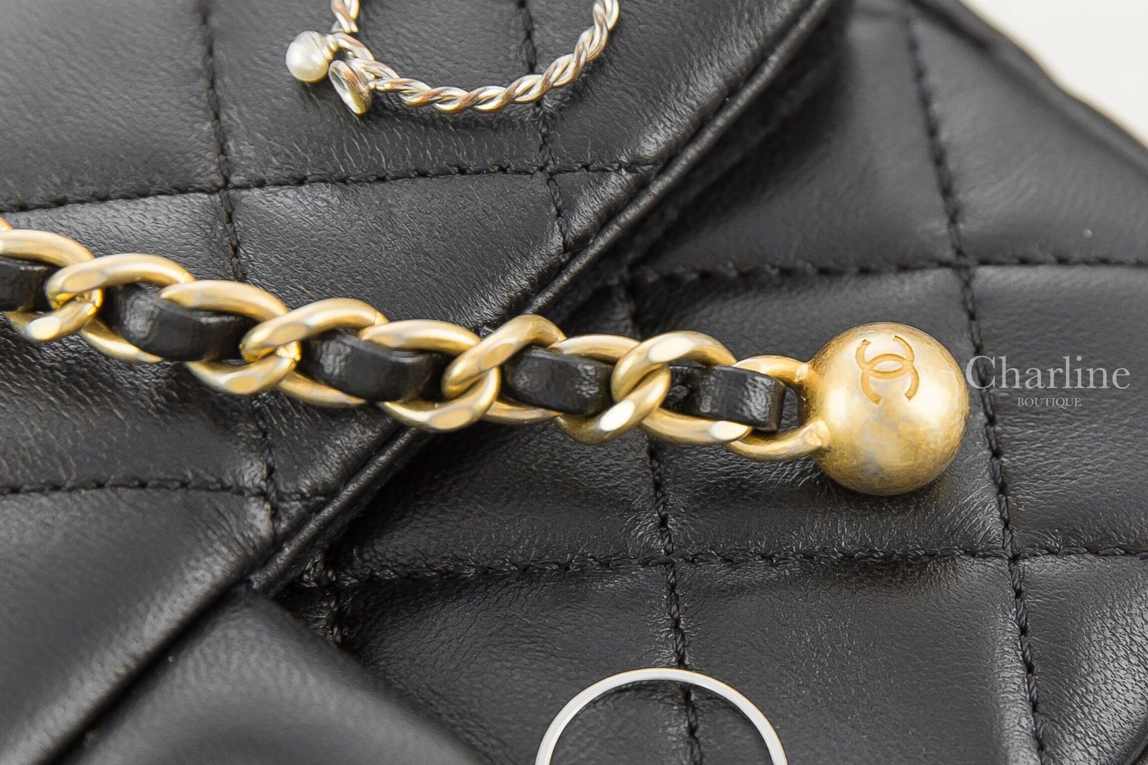 Chanel 黑色金CC金色小珠鍊帶20cm小羊皮菱格紋肩背包-Charline