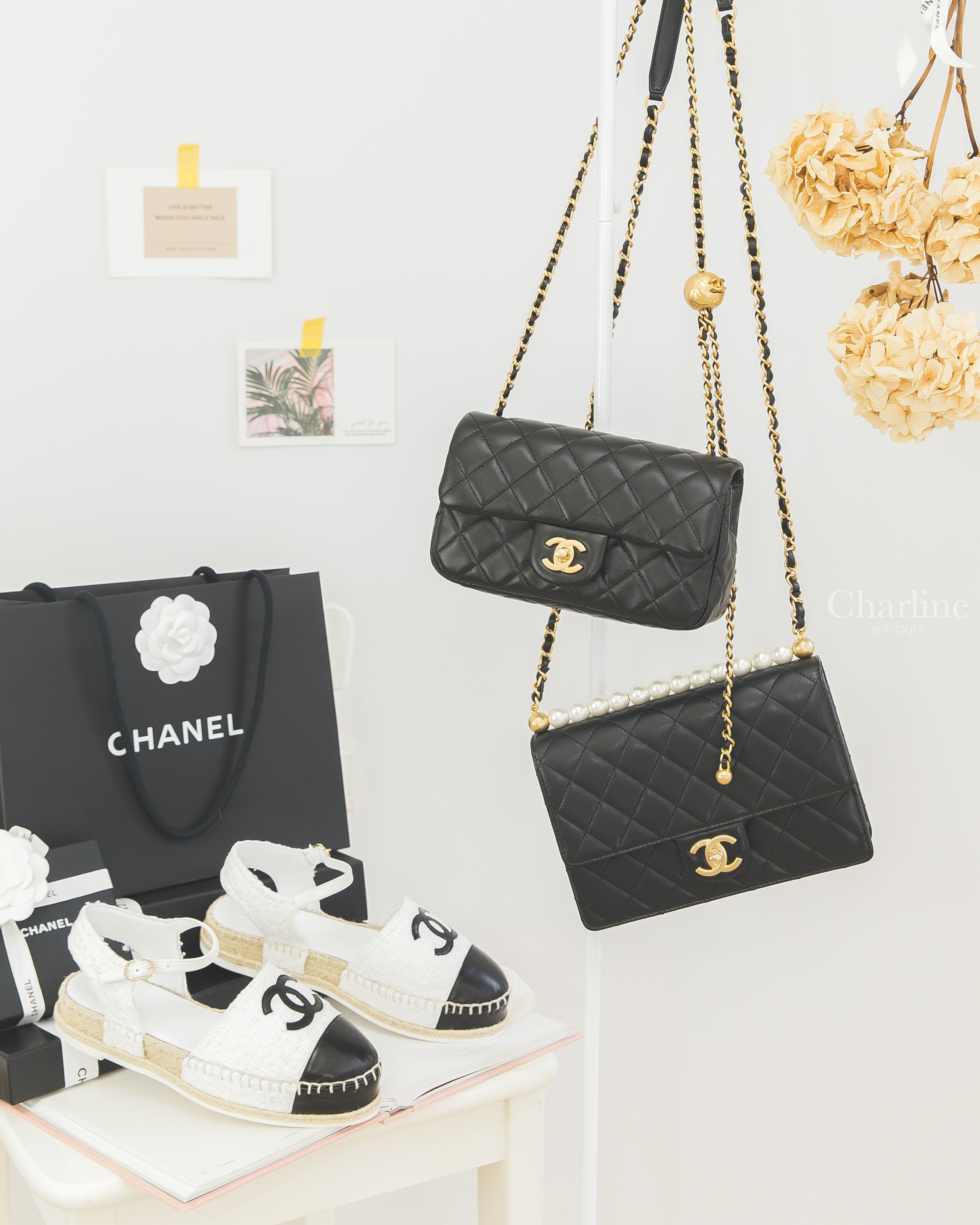 Chanel Bag 黑色金CC金色小珠鍊帶小羊皮菱格紋肩背包,Chanel Bag 黑色金CC金鍊珍珠滾邊山羊皮菱格紋肩背包,Chanel Espadrilles 白色拼黑色小羊皮CC草編鉛筆涼鞋-Charline Boutique 精品代購