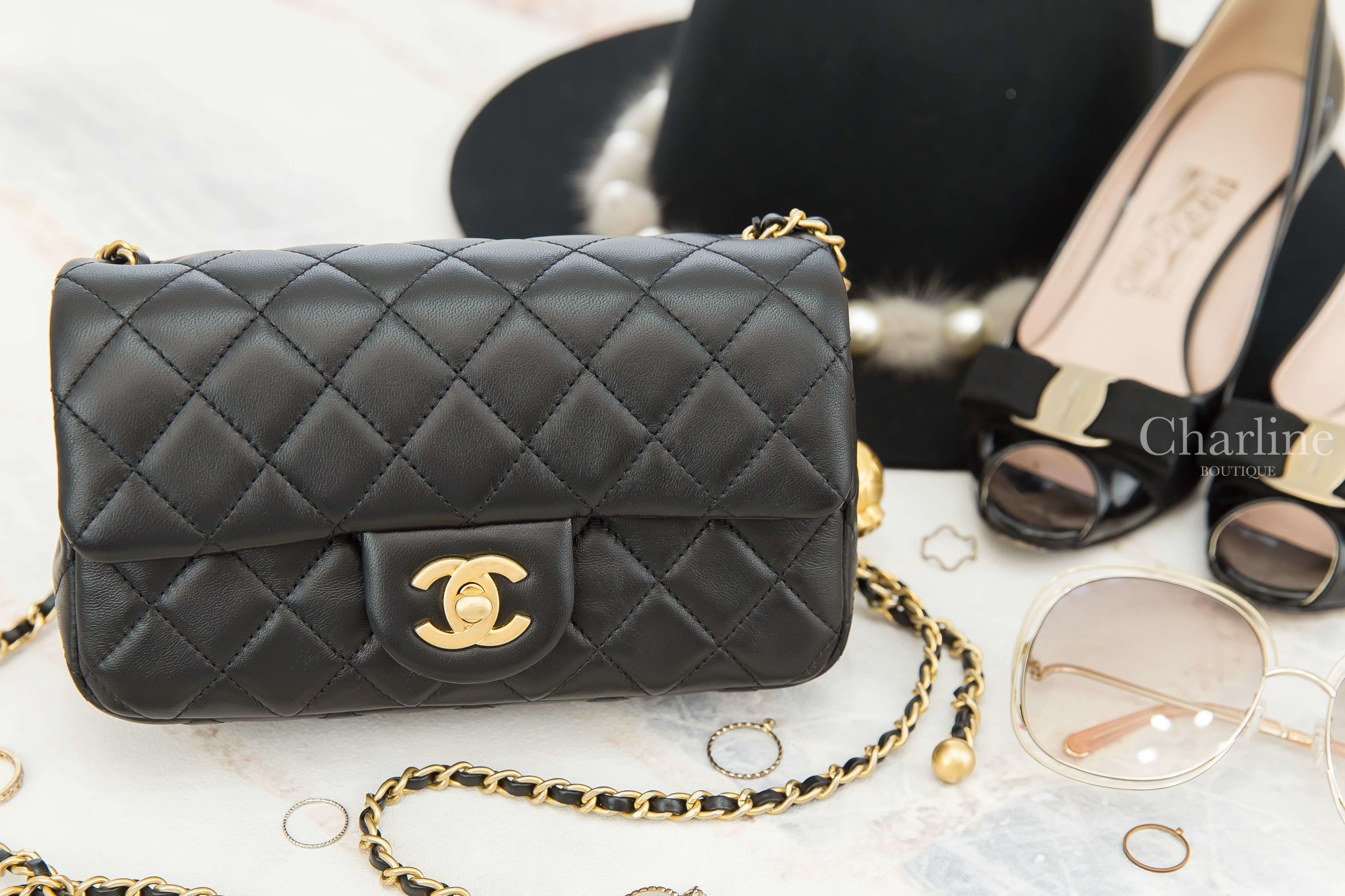 Chanel Flap Bag 黑色金CC金色小珠鍊帶20cm小羊皮菱格紋肩背包