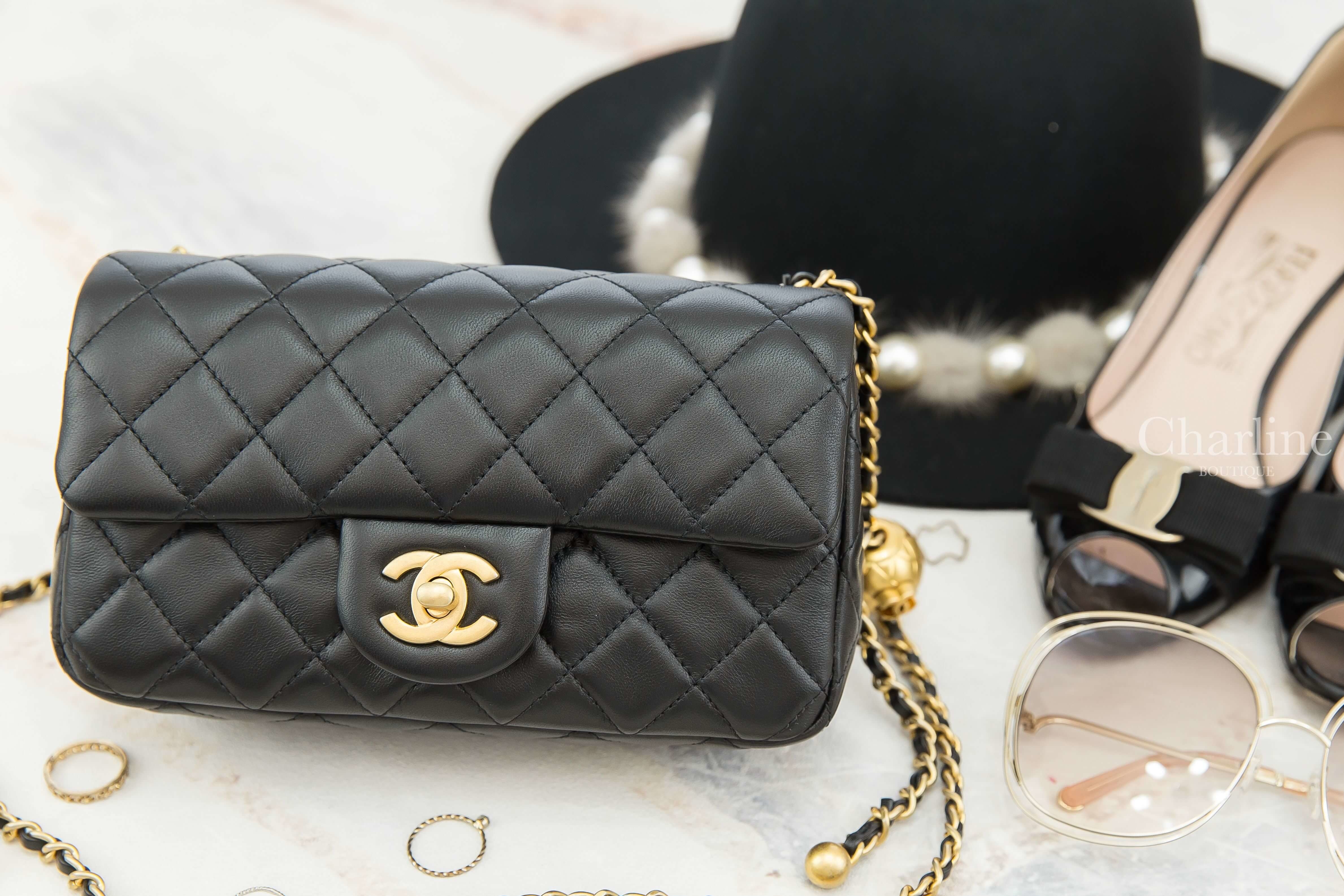 Chanel Flap Bag 黑色金CC金色小珠鍊帶20cm小羊皮菱格紋肩背包-Charline Boutique 精品代購
