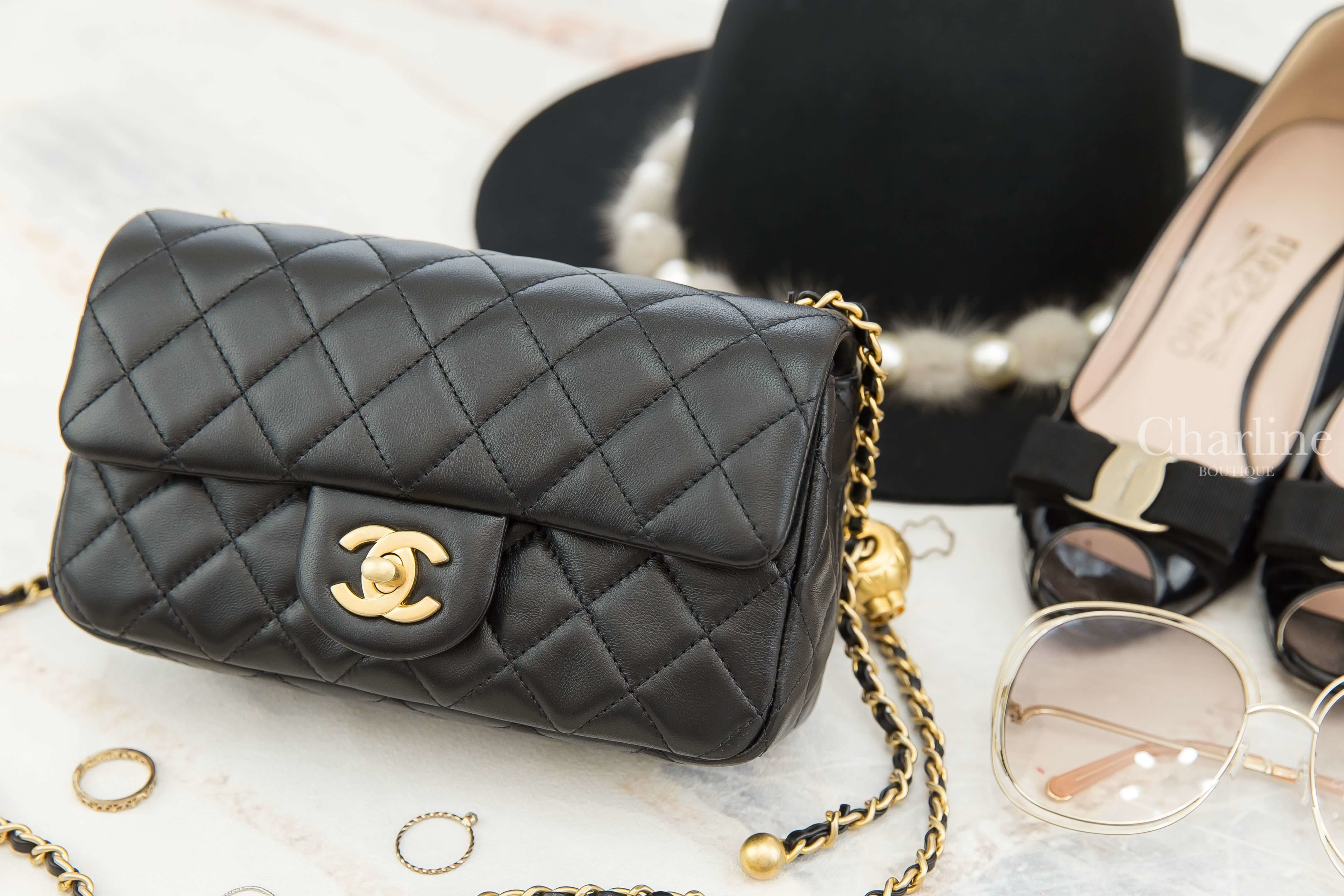 Chanel Flap Bag 黑色金CC金色小珠鍊帶20cm小羊皮菱格紋肩背包-Charline Boutique 精品代購