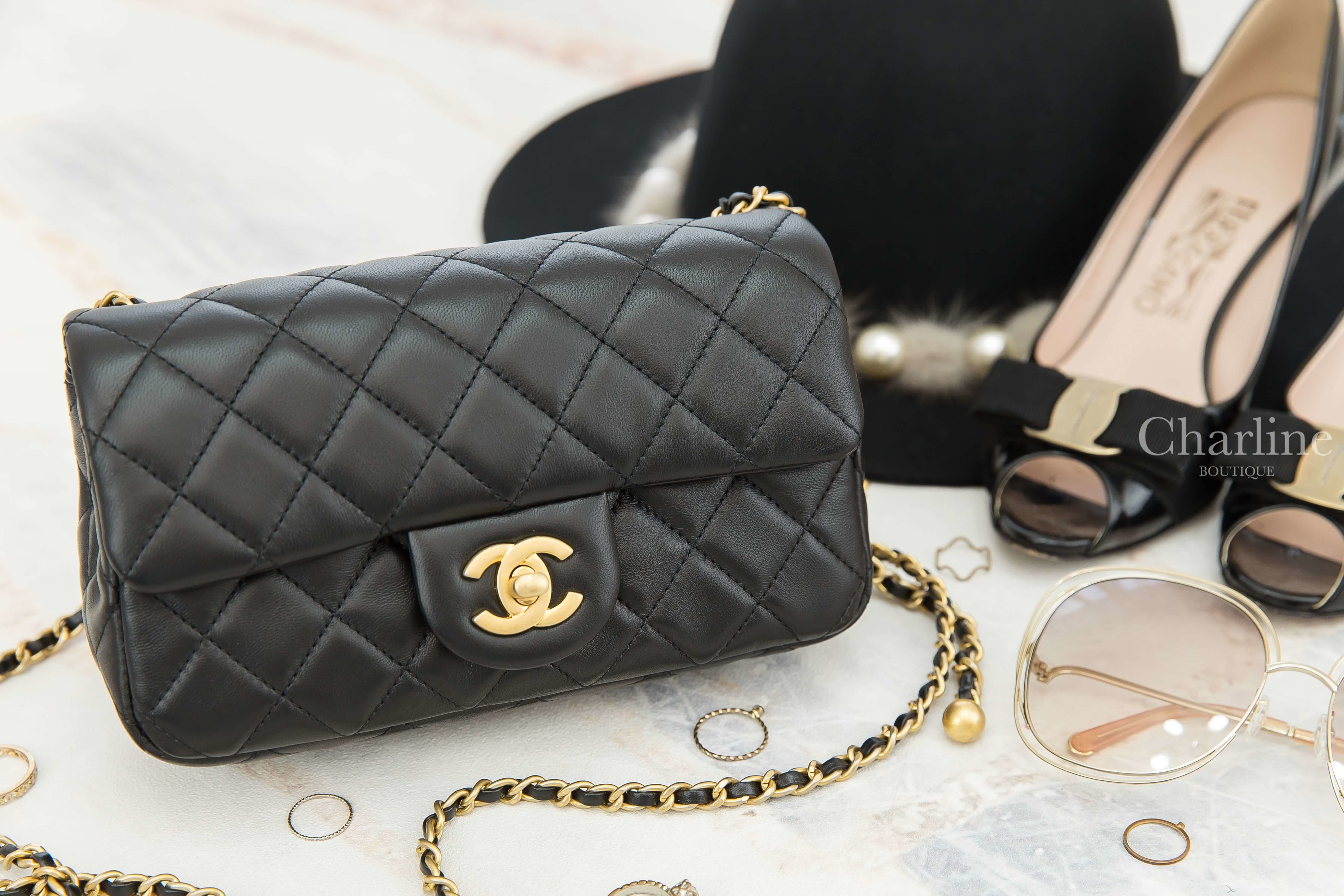 Chanel Flap Bag 黑色金CC金色小珠鍊帶20cm小羊皮菱格紋肩背包-Charline Boutique 精品代購