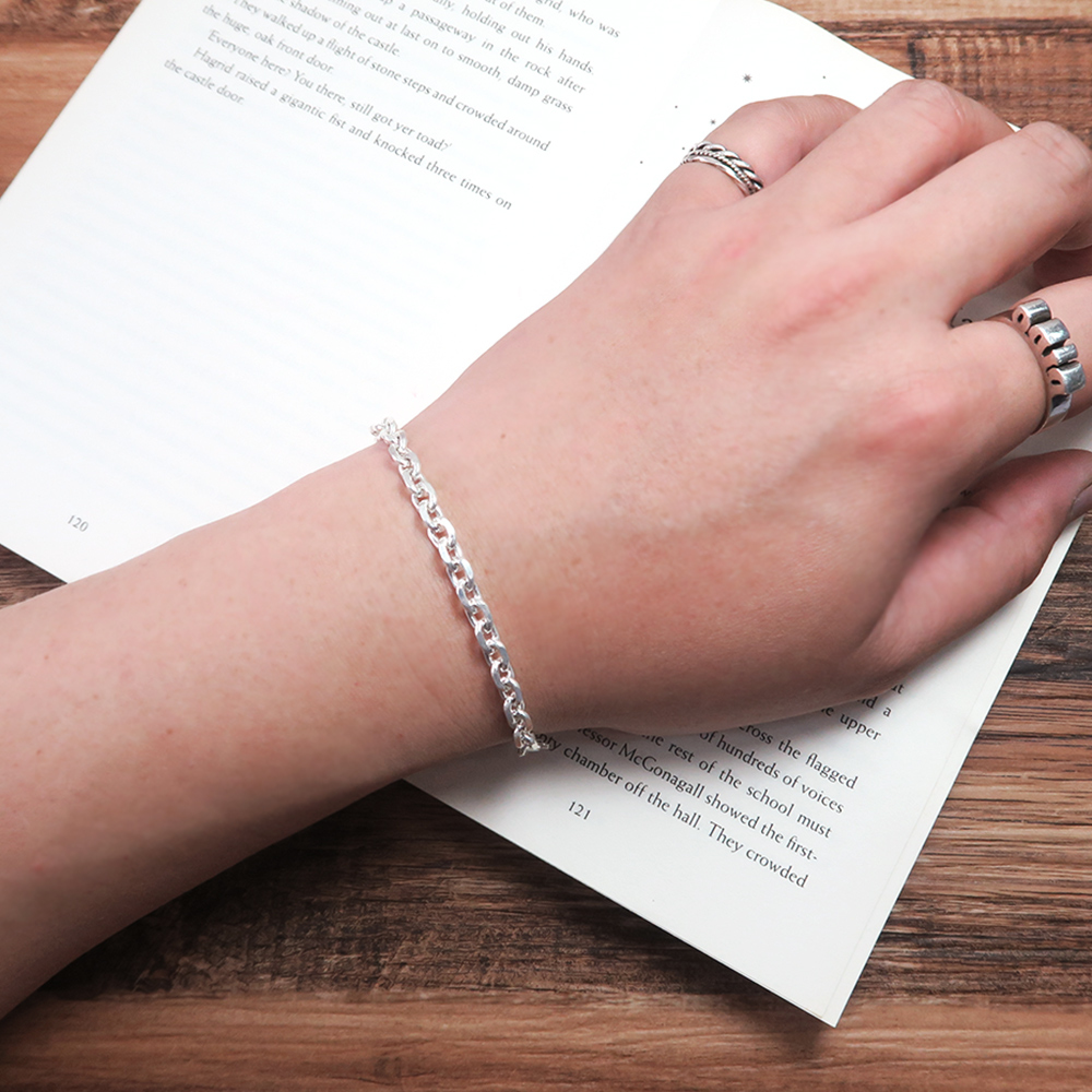 方形稜角手鍊 銀白款 (5.3mm寬鍊) 925純銀刻字手鍊