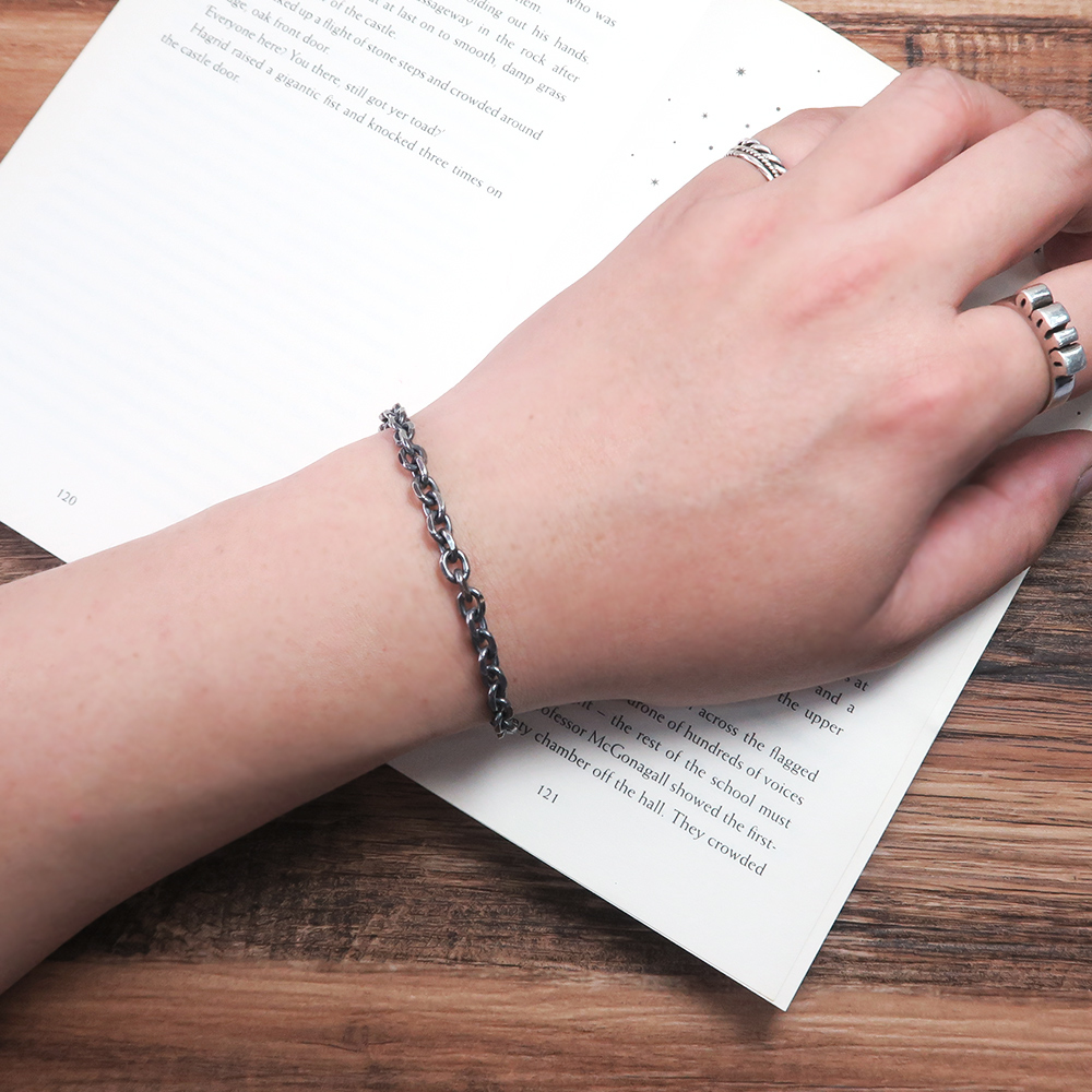 方形稜角手鍊 復古黑 (5.3mm寬鍊) 925純銀刻字手鍊