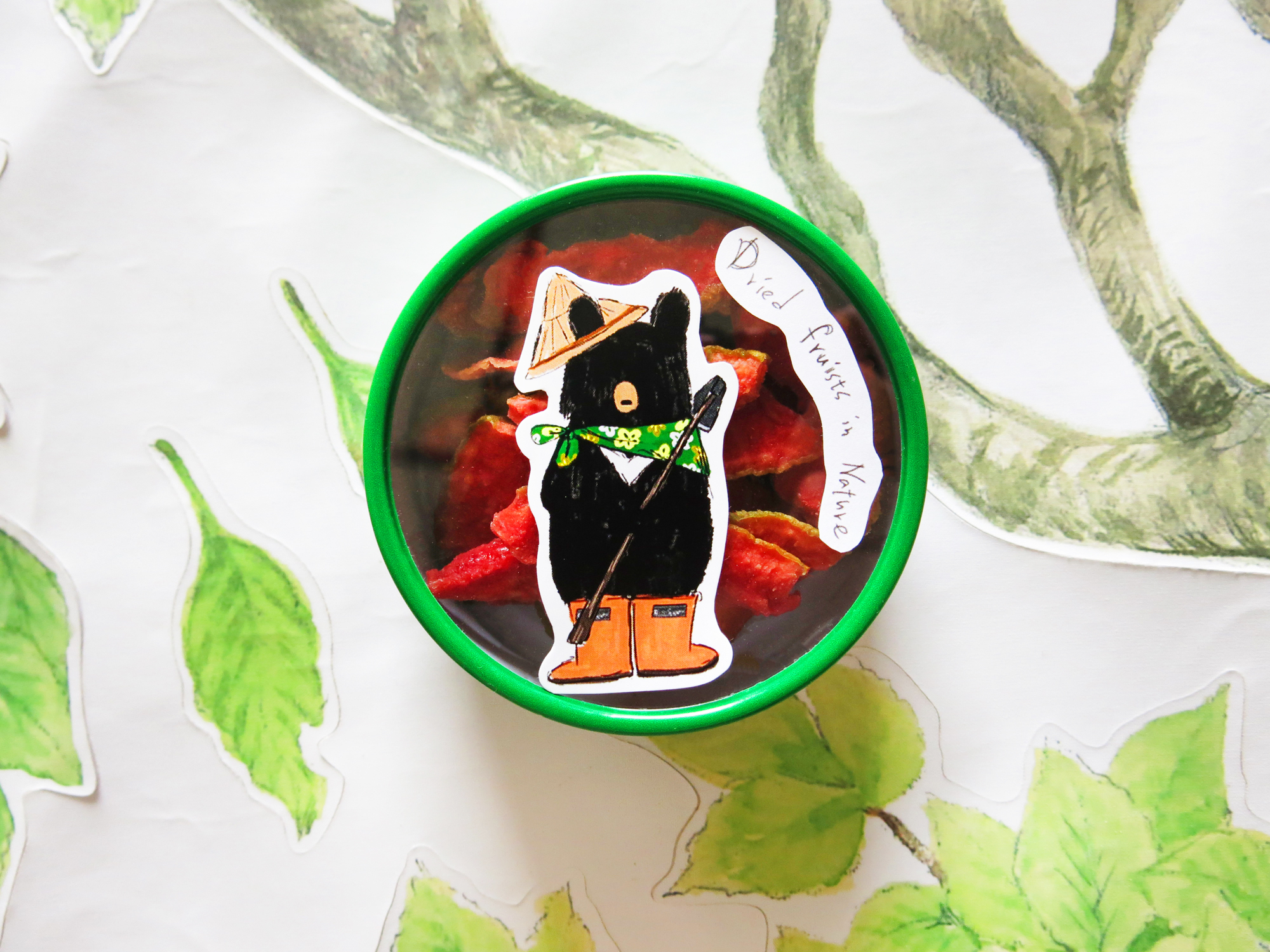 花布農作熊款金屬小圓盒小巧水果乾