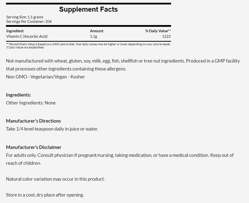 [預購] Now 精純維他命C粉 227克 Vitamin C Crystals