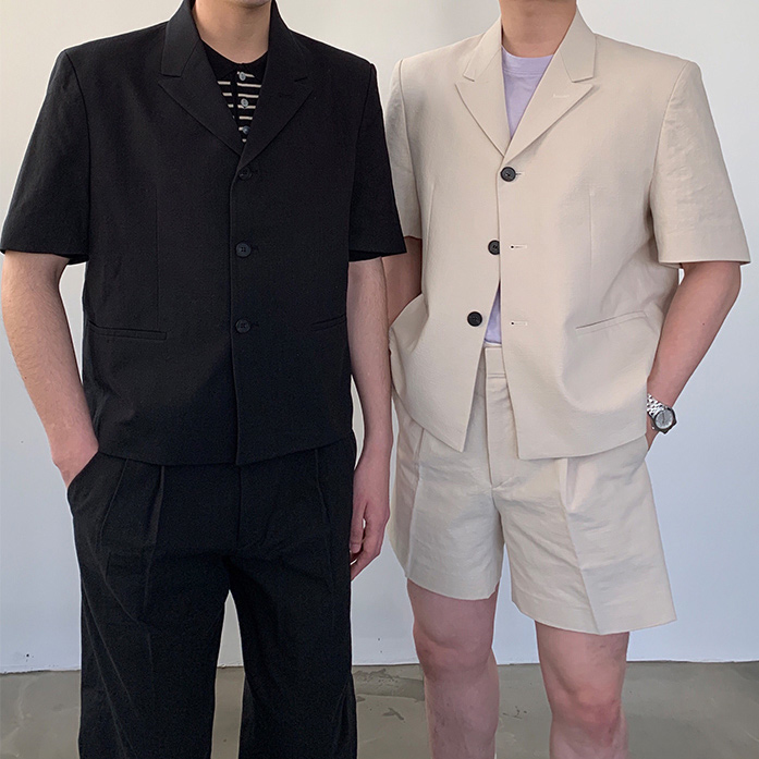 夏季棉麻薄款西裝套裝 / 杏L / 不提供退換貨