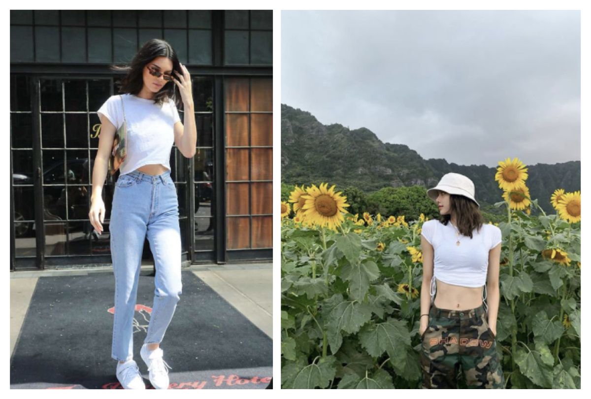 白色短版素T推薦搭配單品:高腰長褲