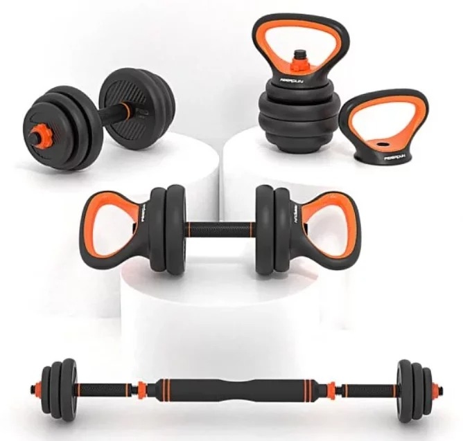 Feierdun 六合一家中健身啞鈴套裝 | 啞鈴 杆鈴 壺鈴 掌上壓架 | 四種模式 六種功能 | 可調節重量 | 2021最受歡迎家居健身產品