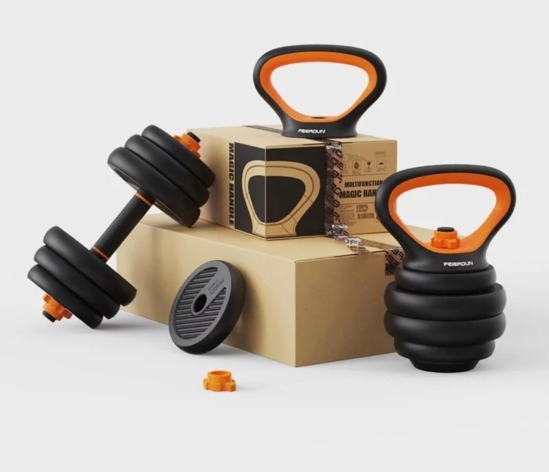 Feierdun 六合一家中健身啞鈴套裝 | 啞鈴 杆鈴 壺鈴 掌上壓架 | 四種模式 六種功能 | 可調節重量 | 2021最受歡迎家居健身產品