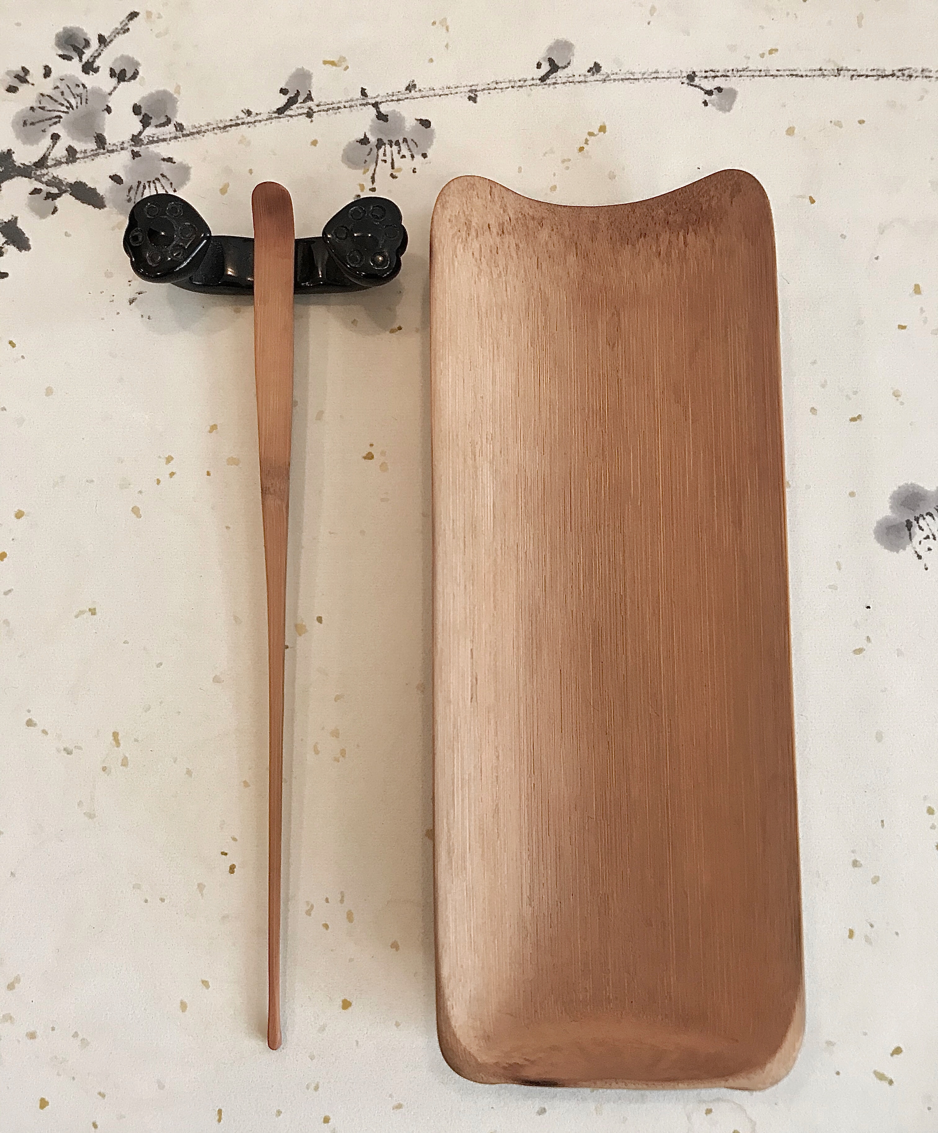 原竹茶荷、茶匙、寶石如意匙座套裝
