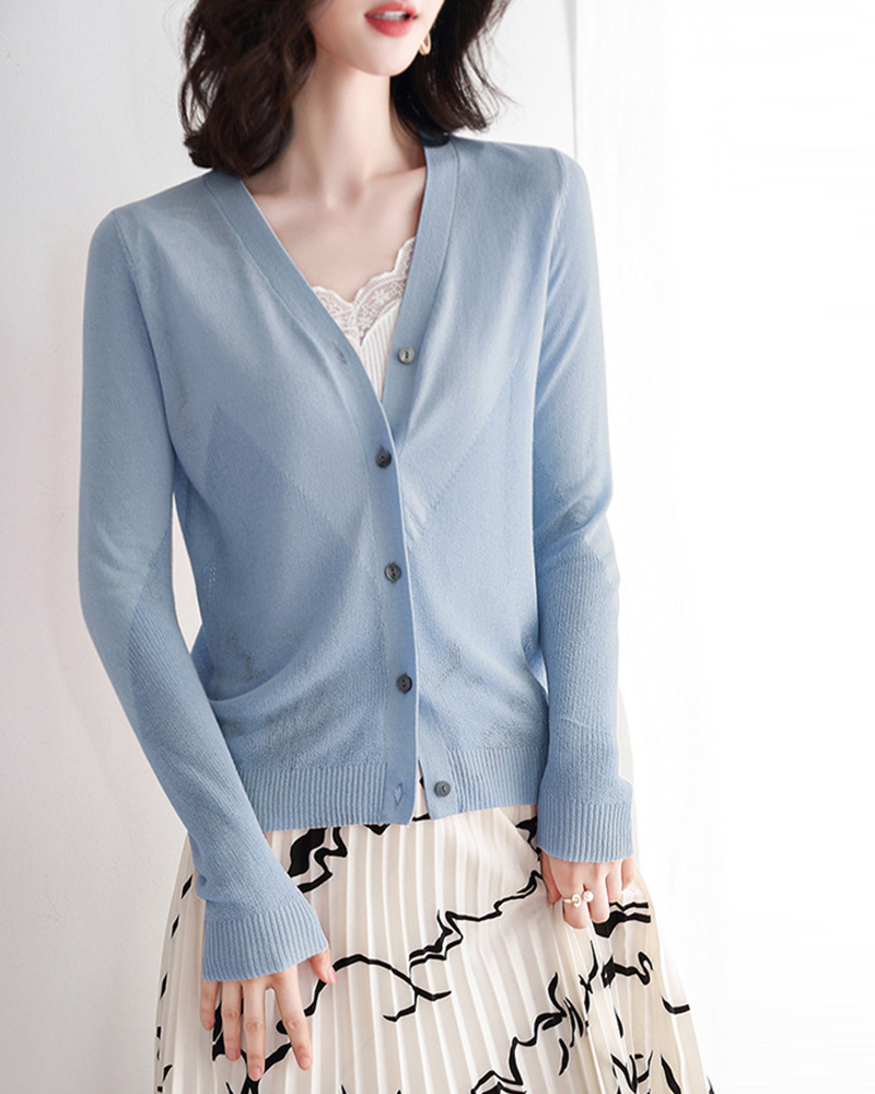 DEER.W 開襟飛鼠袖冰絲針織外套 灰藍