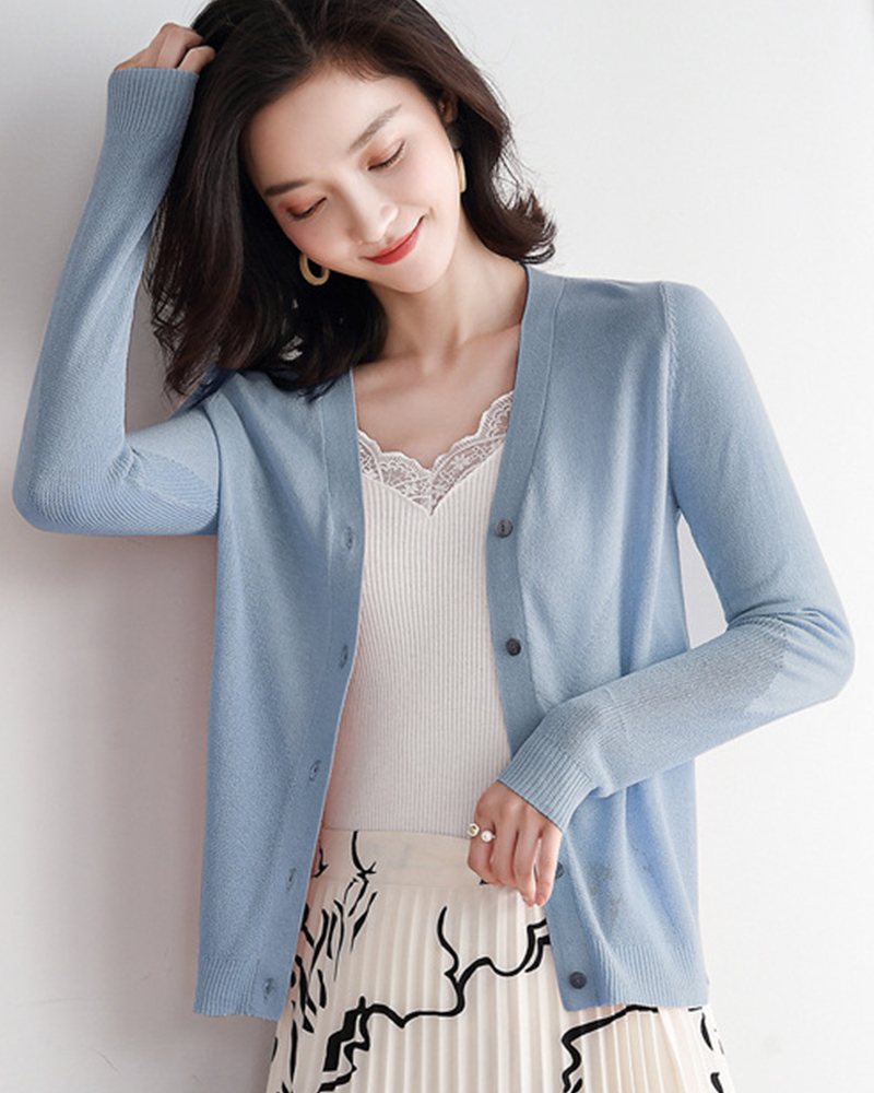 DEER.W 開襟飛鼠袖冰絲針織外套 灰藍