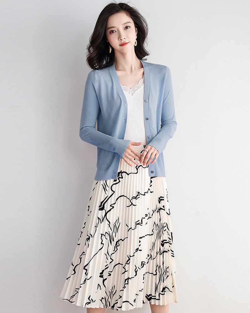 DEER.W 開襟飛鼠袖冰絲針織外套 灰藍