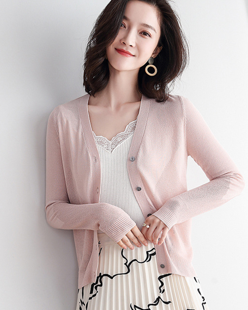 DEER.W 開襟飛鼠袖冰絲針織外套 粉色