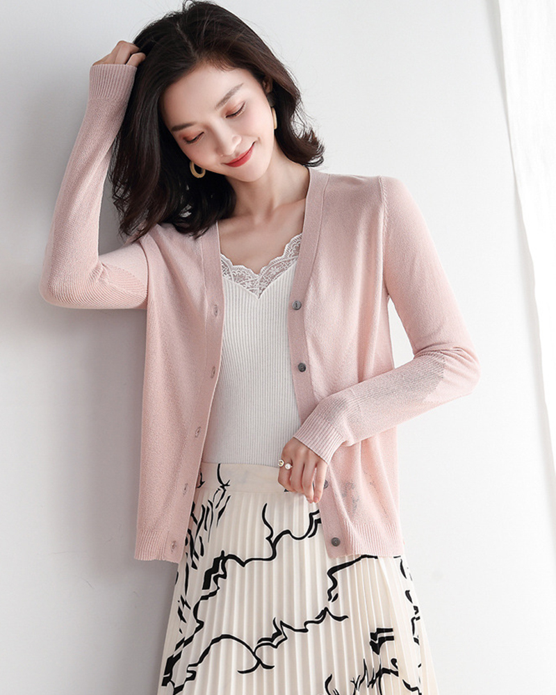 DEER.W 開襟飛鼠袖冰絲針織外套 粉色