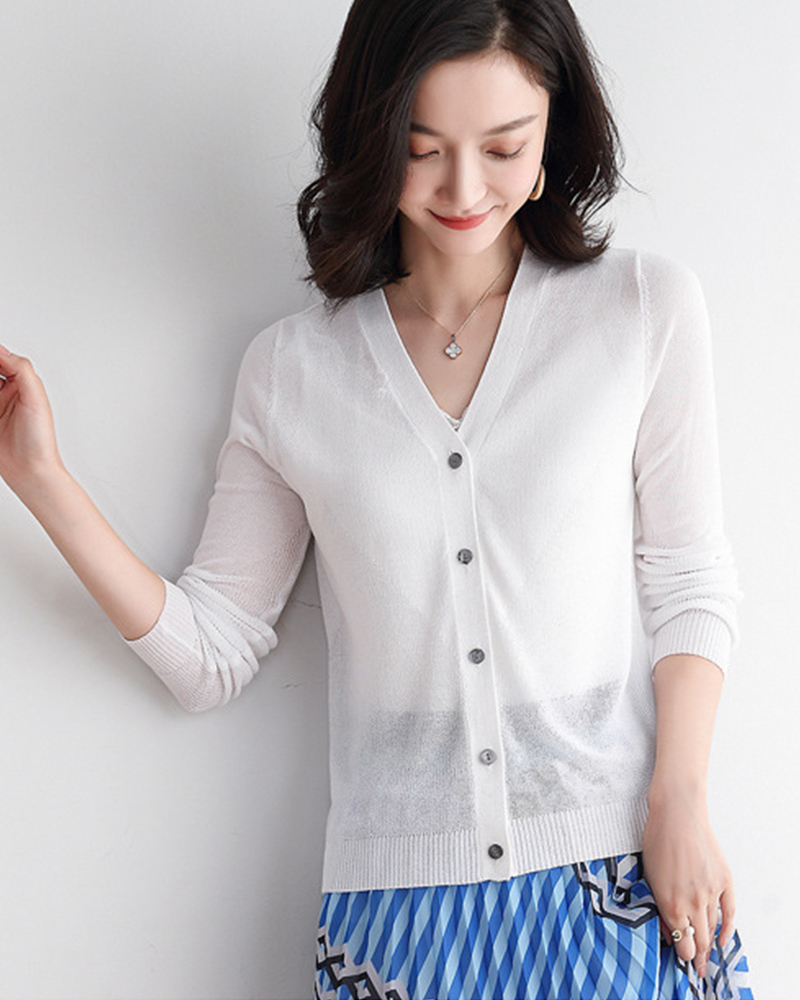 DEER.W 開襟飛鼠袖冰絲針織外套 白色