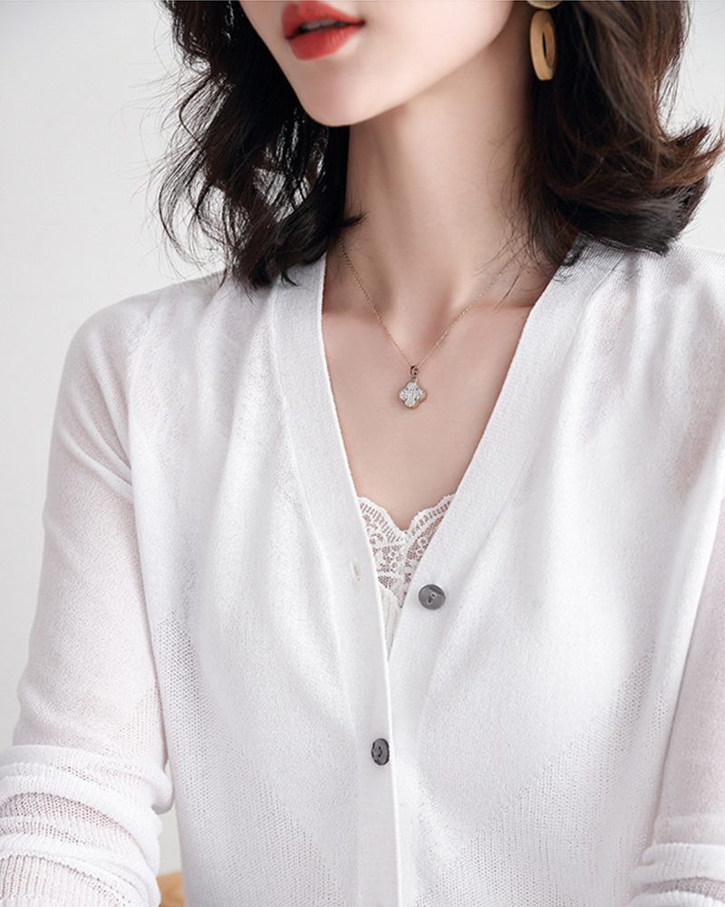 DEER.W 開襟飛鼠袖冰絲針織外套 白色