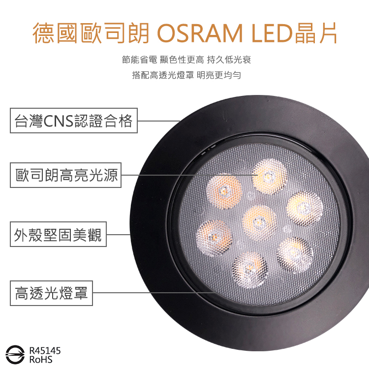 【歐司朗晶片】簡約白 LED崁燈 7W 可調式崁燈 9.5公分 崁入孔