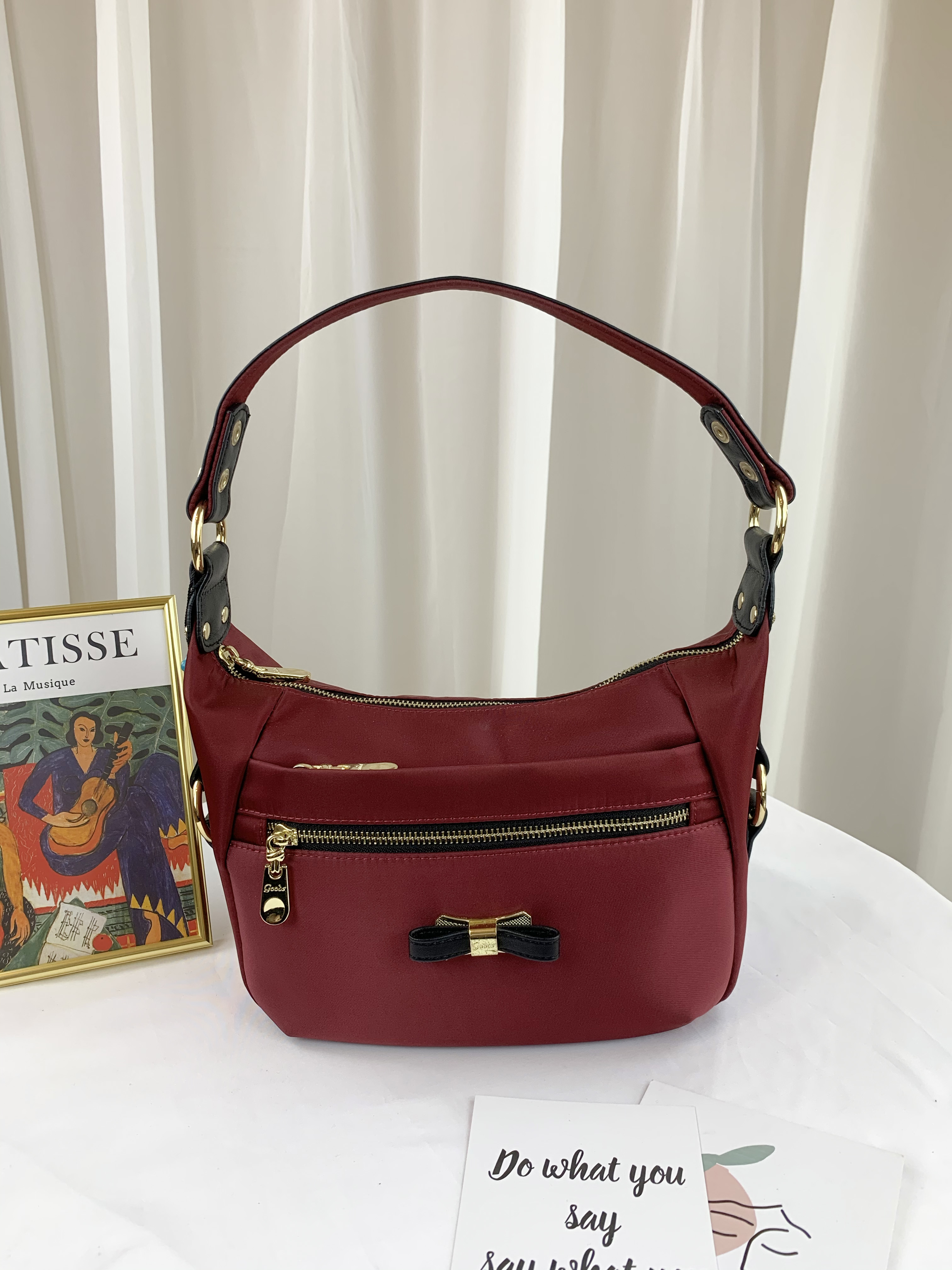 GOODS 磚紅拼接真皮 蝴蝶結中款肩背包 側背包 #2276