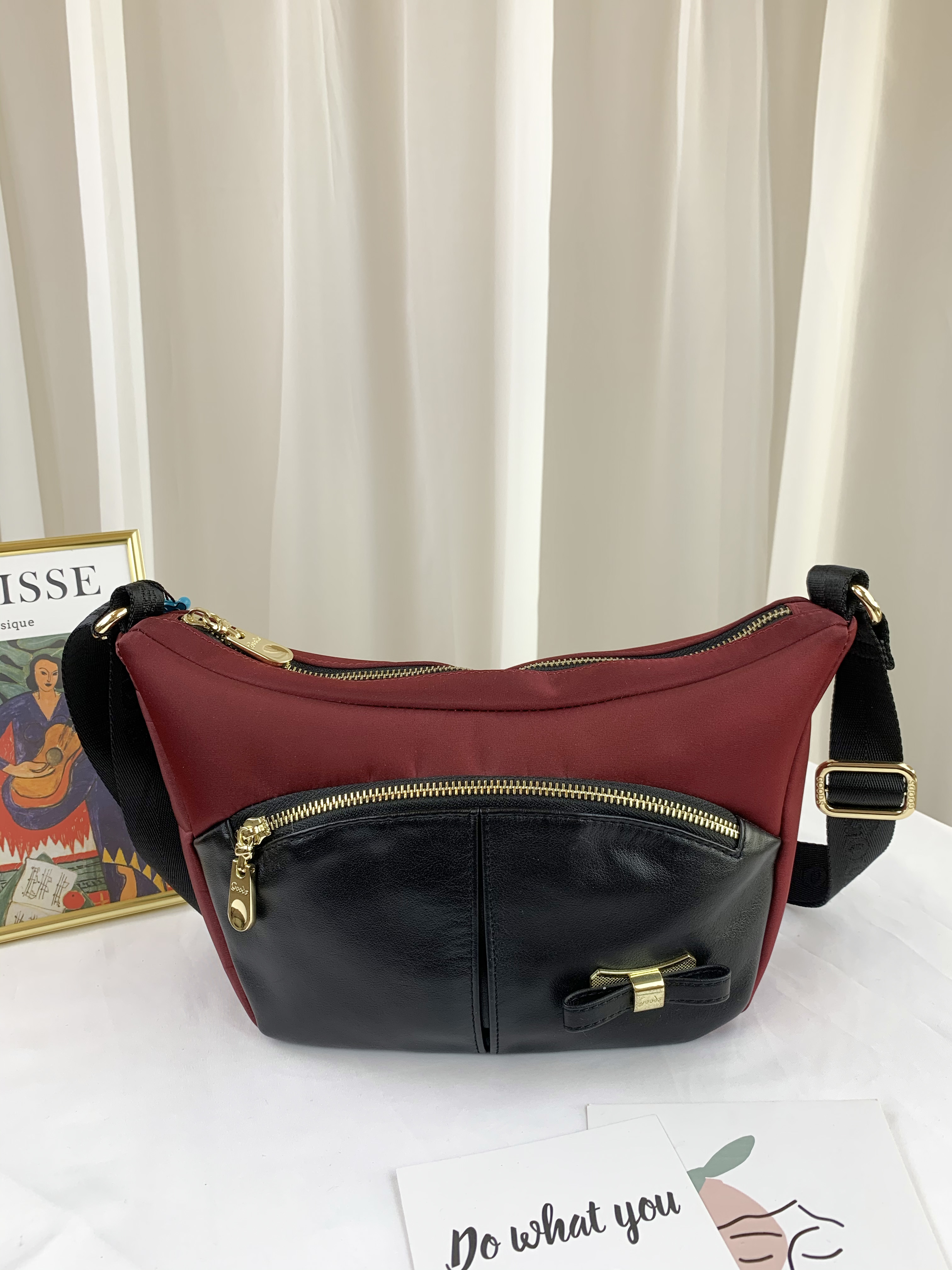 GOODS 磚紅拼接真皮蝴蝶結斜背側背包 #2542