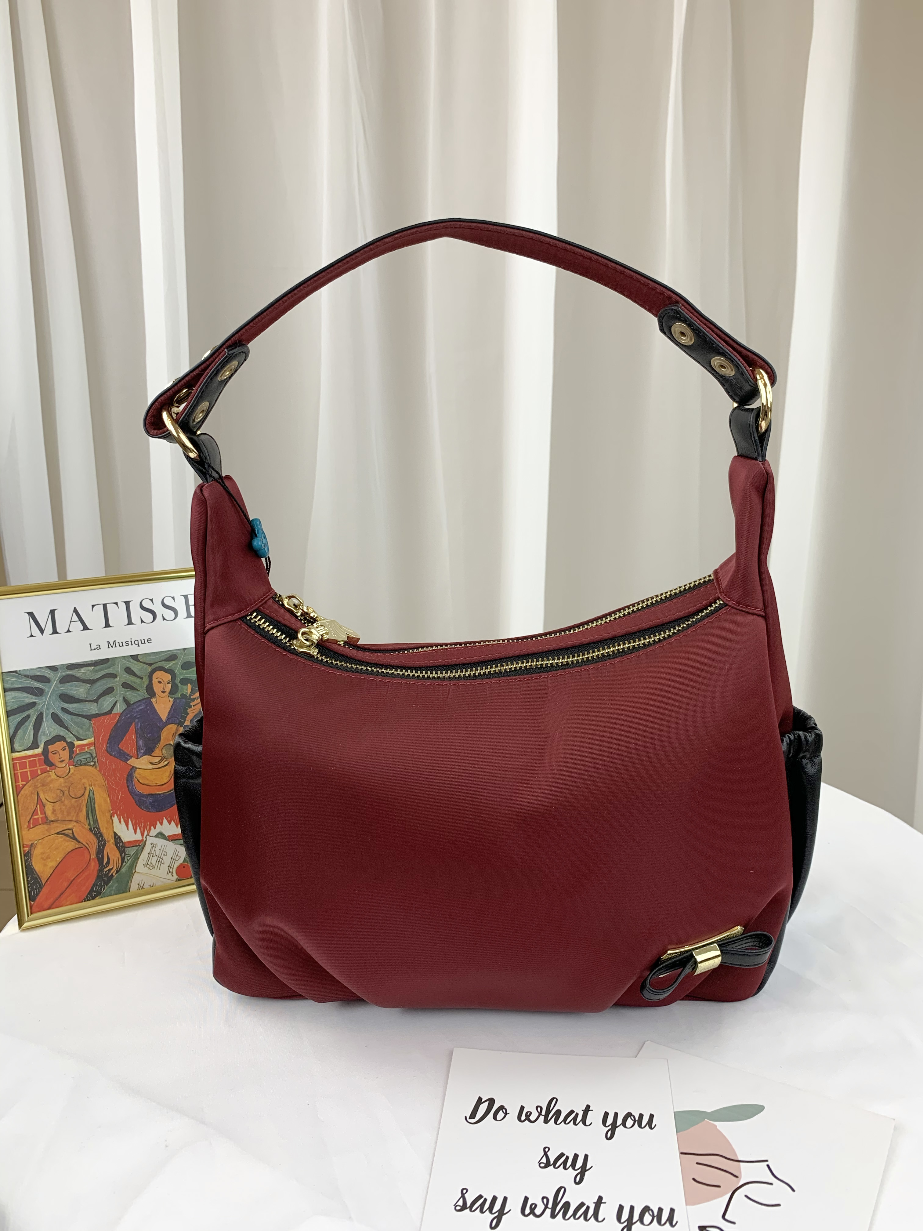 GOODS 磚紅拼接真皮蝴蝶結側背包  #2687