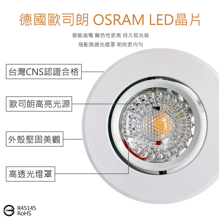 【德國歐司朗晶片】LED崁燈 5W 可調式崁燈 5.5公分 崁入孔