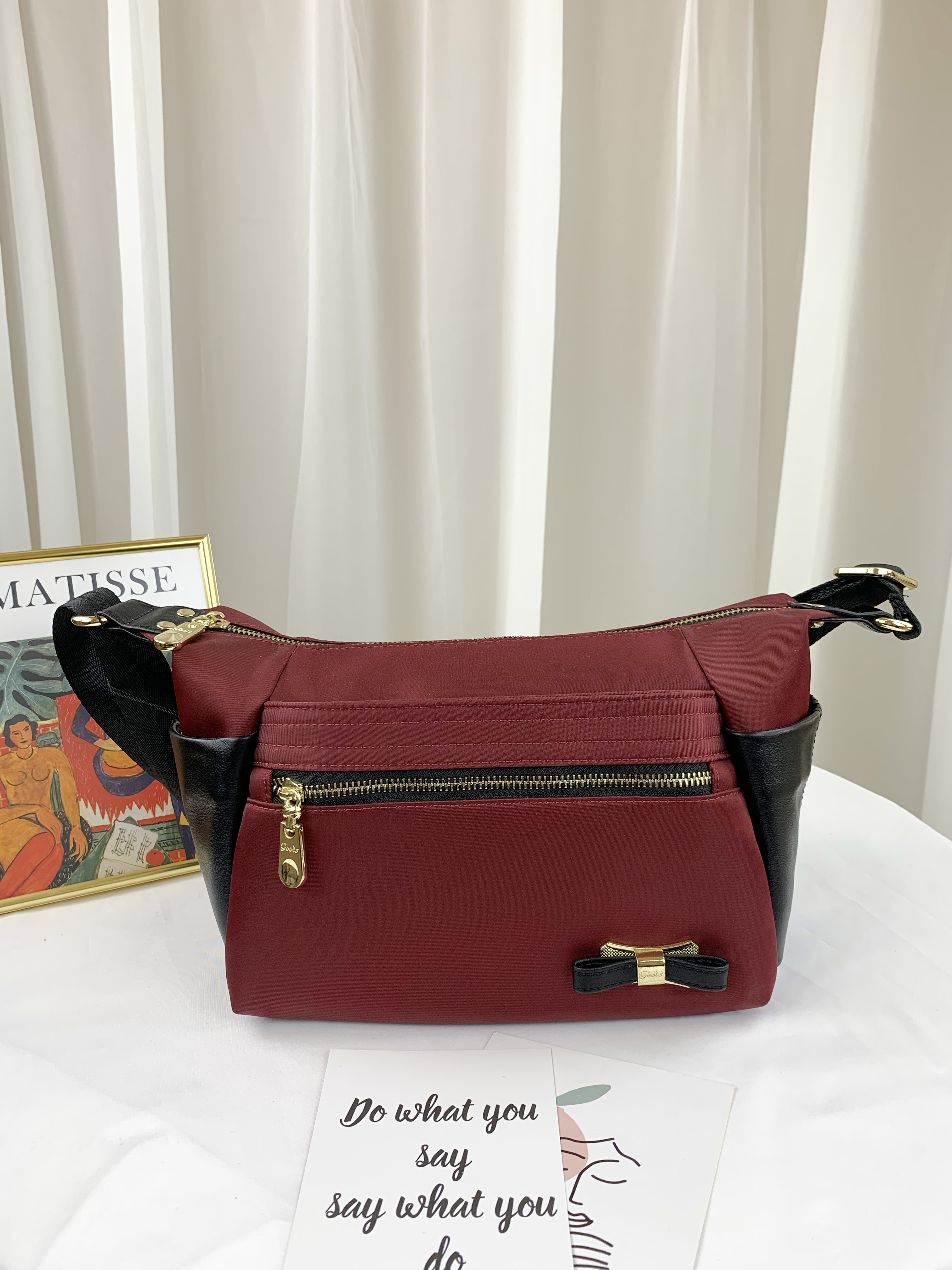 GOODS 磚紅拼接真皮蝴蝶結側背包 #2617