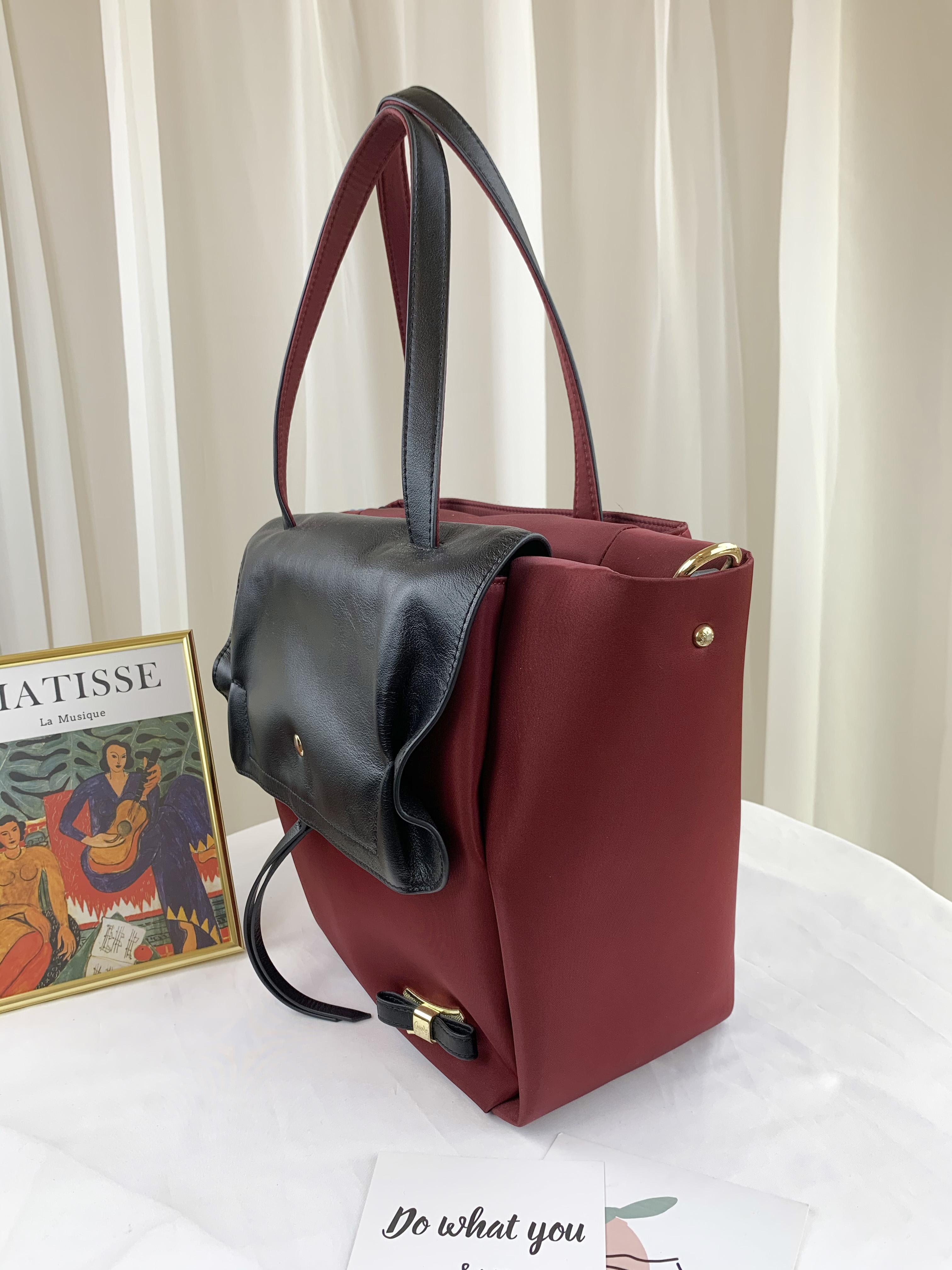 GOODS 磚紅拼接真皮蝴蝶結手提包 #2534
