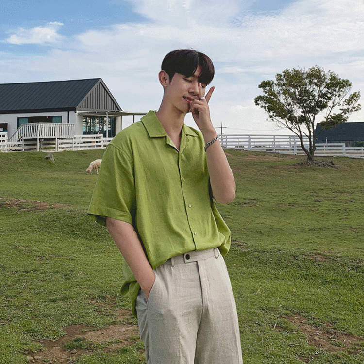 棉麻亨利領短袖襯衫 / 黑M / 不提供退換貨