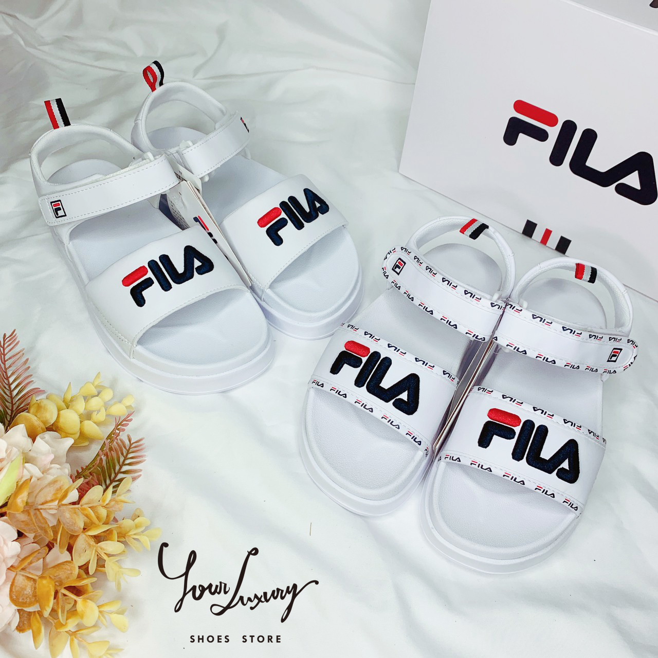 【Luxury】韓國代購 FILA 經典LOGO 魔鬼氈 涼鞋 白 現貨特價 防水 女款 夏季 魔術貼